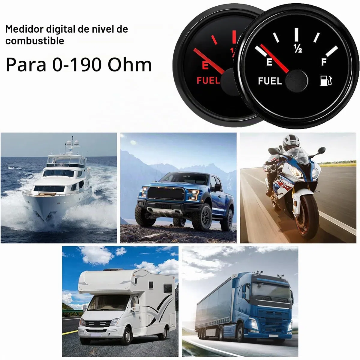 Geloo Medidor de Nivel de Combustible 52mm IP67 Impermeable 0~190ohm Indicador de Combustible Universal con E-1/2-F Rango de Medición (Negro)