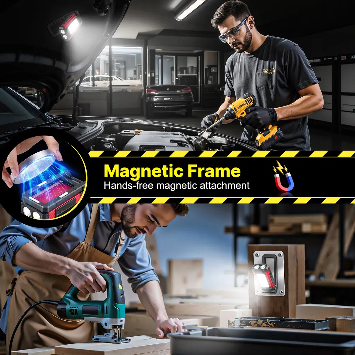 Luz de Trabajo LED, Linterna Taller, Lámparas de inspección Recargable, Base Magnética, 7 Modos Trabajo, Soporte Giratorio Gancho Plegable, para Reparación de Automóviles, Taller, Camping, 2 Piezas