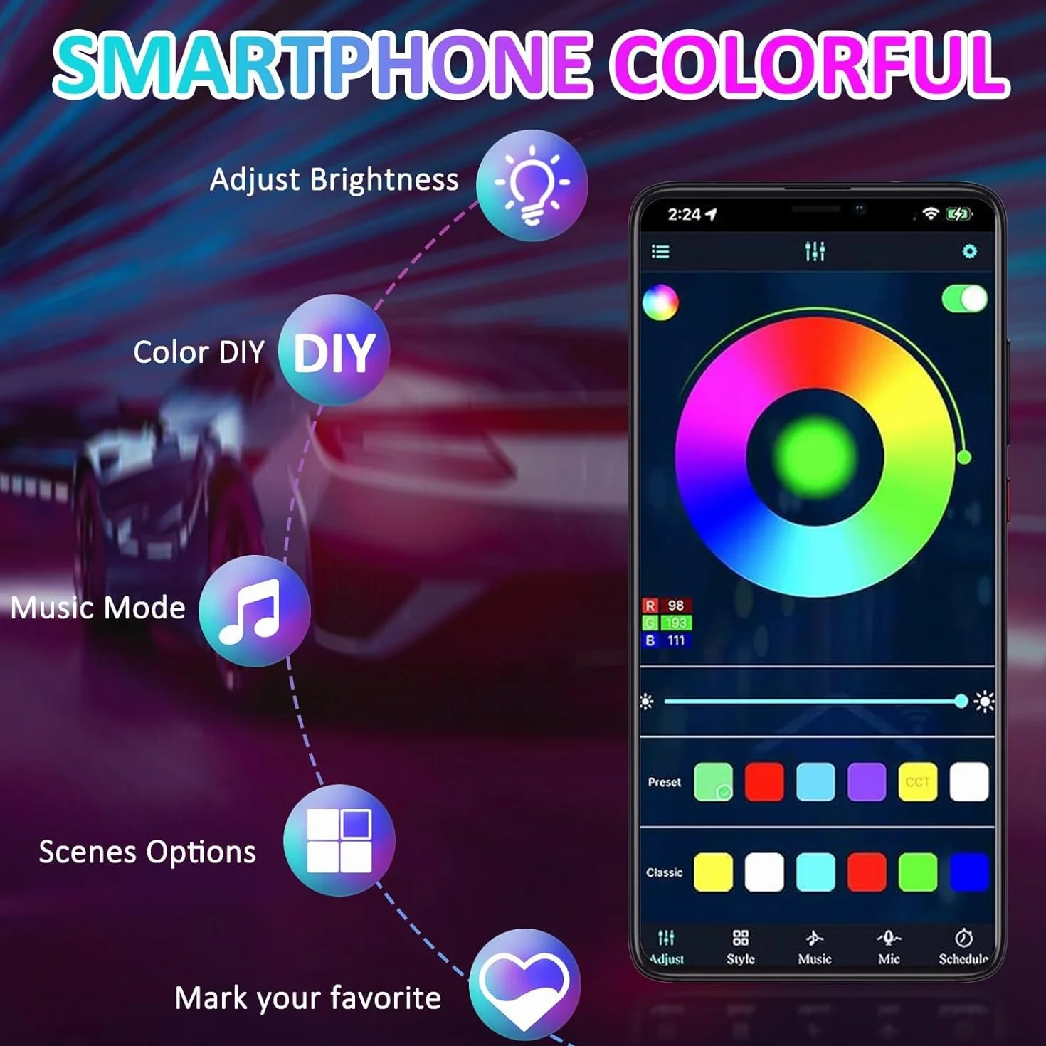 YUGUANG Kit de 4 Luces Underglow para Coche, Control por APP Multicolor Kit de Luces Underglow Sincronización Musical Tiras de Luz RGB Underbody Impermeables para Coches Camiones SUVs.