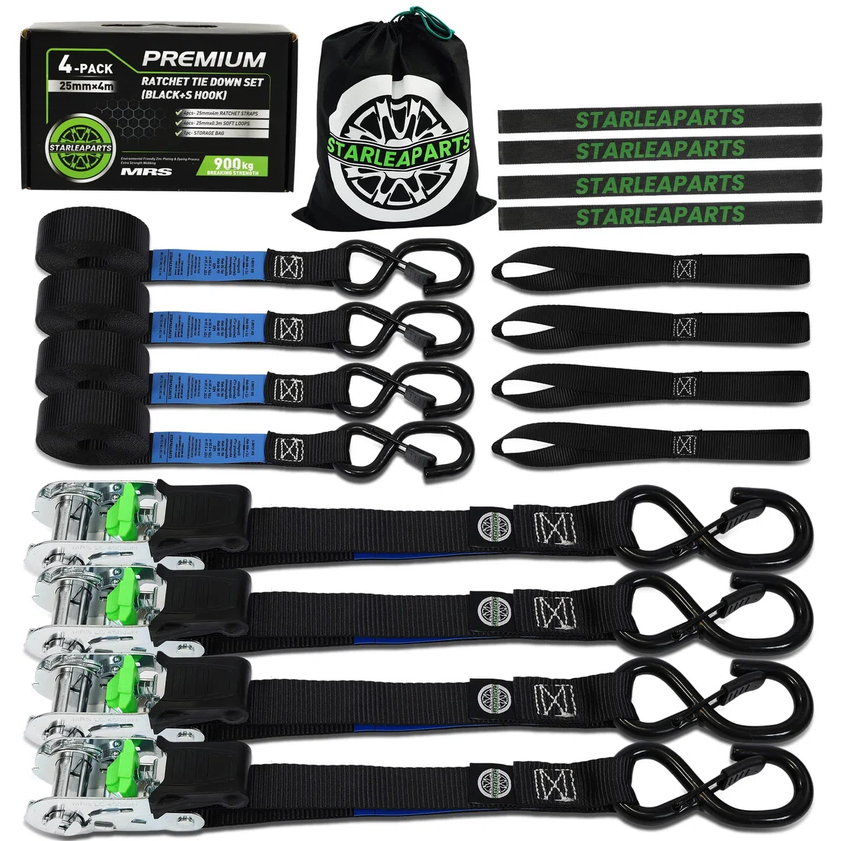 StarLeaparts Correas tensoras con carraca, 4 unidades, 900 kg, resistencia a la rotura – 25 mm x 4 m correas de amarre con juego de trinquetes, correas tensoras con ganchos para moto, mudanzas y
