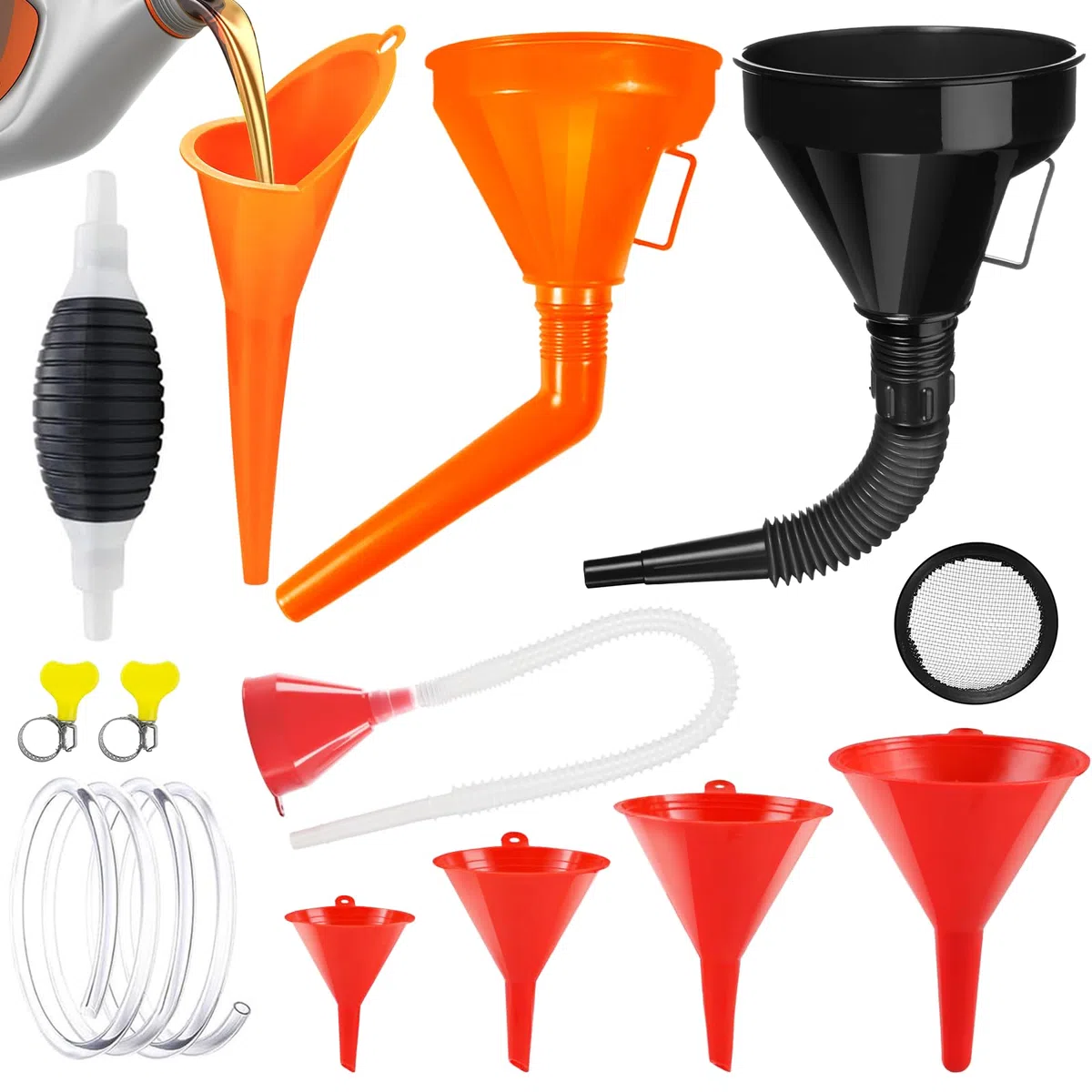 10 Piezas Embudo Gasolina, Embudos de Plástico Flexible Angulo Recto, Embudo Universal de Gasolina Combustible, embudo Universal Set con Filtro y Manuale Bomba Para Motocicleta Automóvil