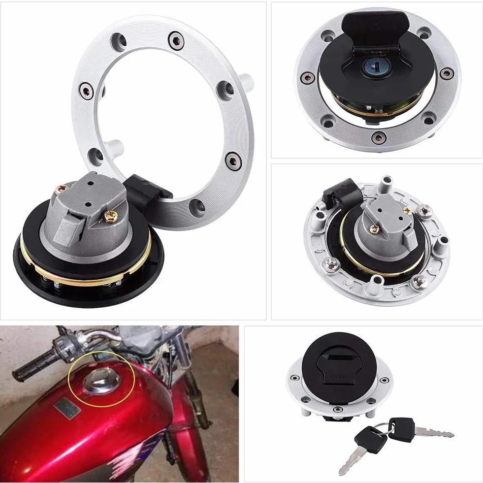 Tapa del tanque de gasolina de la motocicleta Tapa de la tapa del tanque de combustible de gasolina de aluminio con 2 llaves Tapa del tanque de combustible de gas negro plateado Tapa de protección del