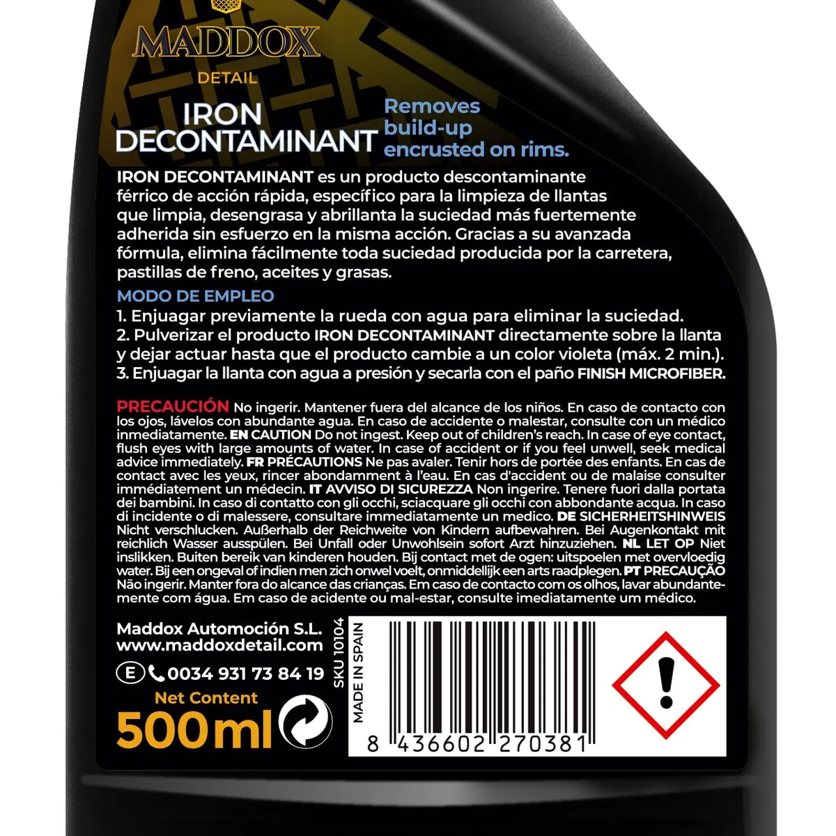 Maddox Detail - Descontaminante Ferrico de Llantas y Carrocería | Iron Remover Coche y Moto pH Neutro | Descontaminar Pintura | Eliminar Particulas De Hierro | Iron Decontaminant 500ml