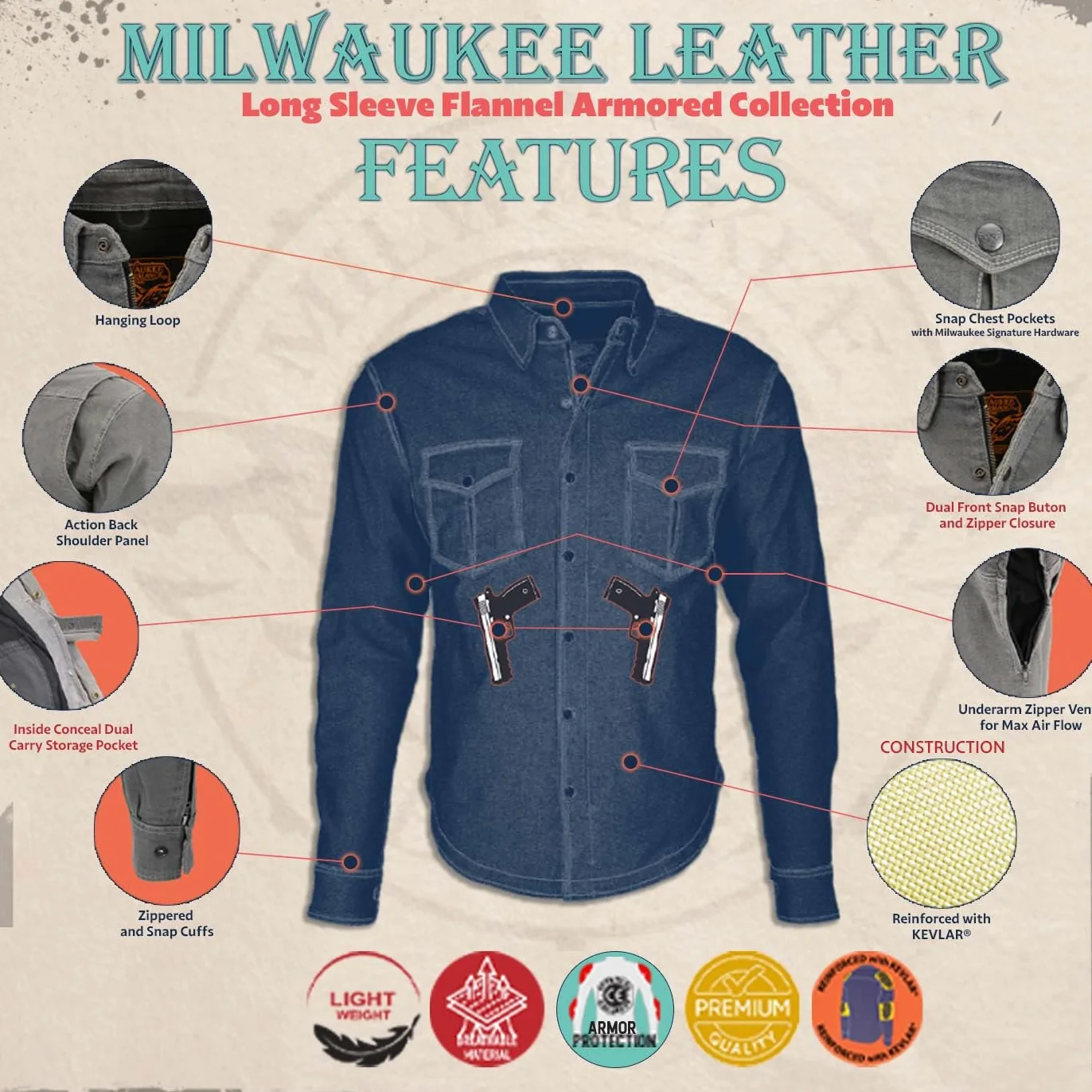 Milwaukee Leather MPM1631 - Camisa de Motociclista de Franela blindada CE para Hombre