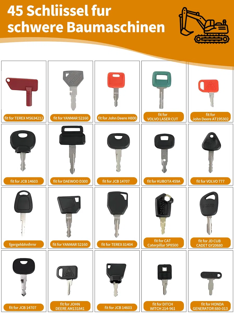 Juego de llaves universales para maquinaria de construcción, 45 unidades, compatible con John,Deere,Cat,Toyota, Kubota, JCB, Hitachi, New Holland, Case, Clark, Massey Ferguson