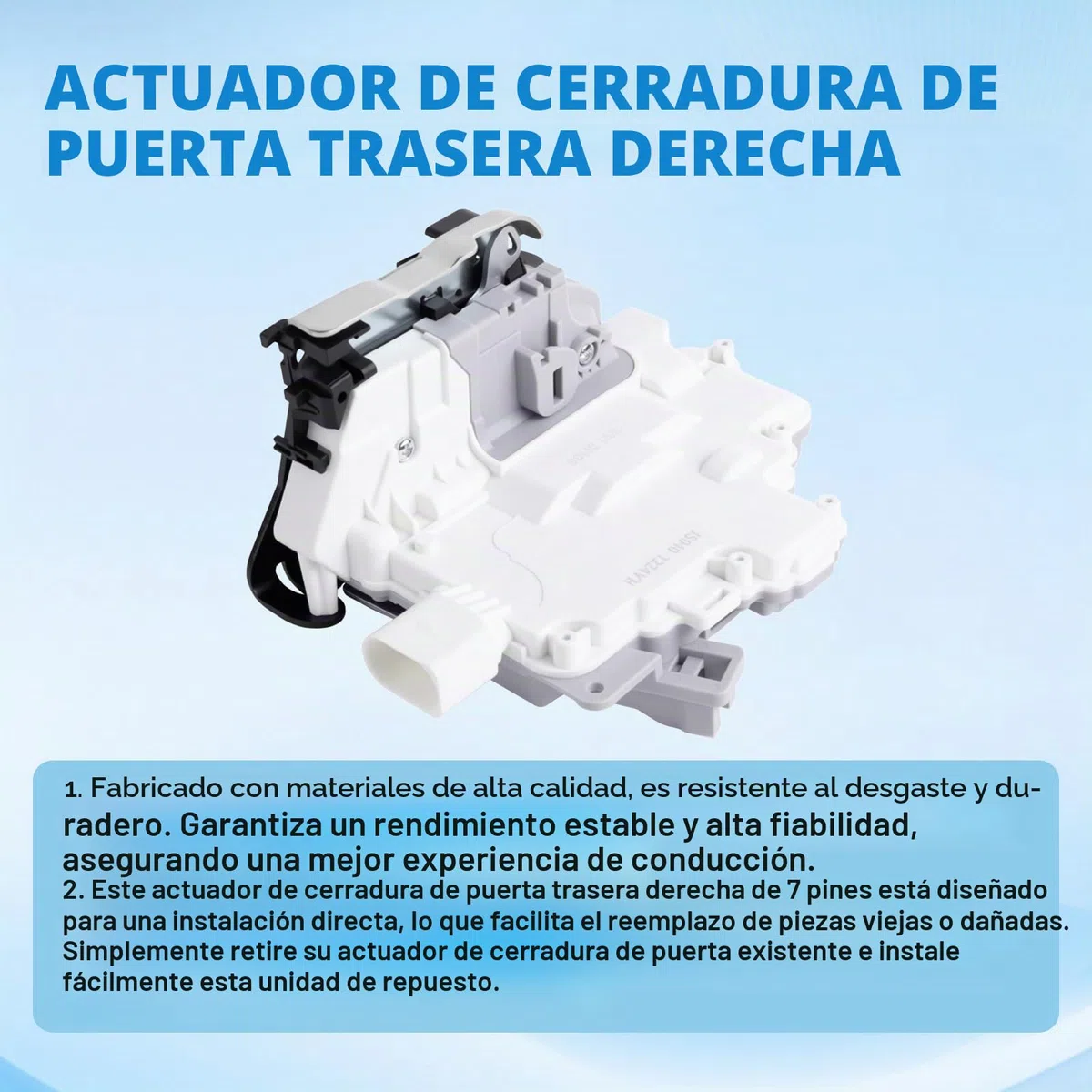 Actuador para el mecanismo de bloqueo de la puerta trasera derecha. Compatible con Touareg II (7P5, 7P6), A4 B8 (8K2, 8K5, 8KH), A5 B8 (8T3, 8TA, 8F7), Q3 (8UB, 8UG). Repuesto para 8K0839016.