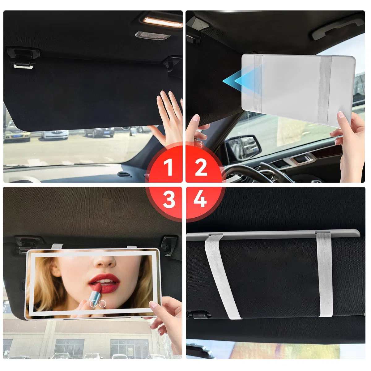 Feisate Espejo Coche LED, Espejo Maquillaje con Luz Coche, Recargable - Regulación Continua de Intensidad - Tres Modos de Brillo, Blanco