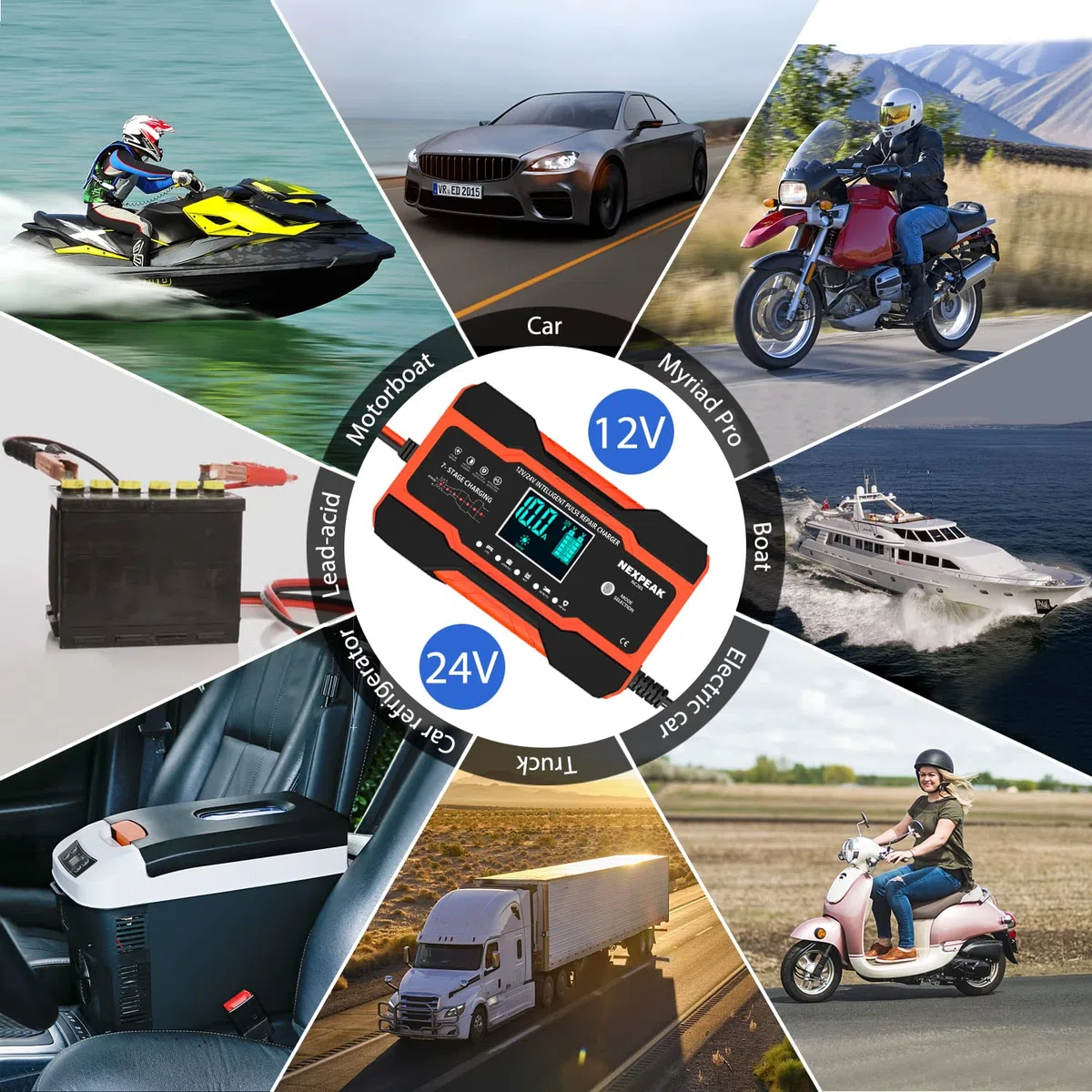 Cargador de batería Inteligente de 10A, Carga de batería de Coche, Cargador de batería portátil con Pantalla LCD Coche, Motocicleta, camión, AGM, Gel, Mojado, SLA (Rojo Intenso)