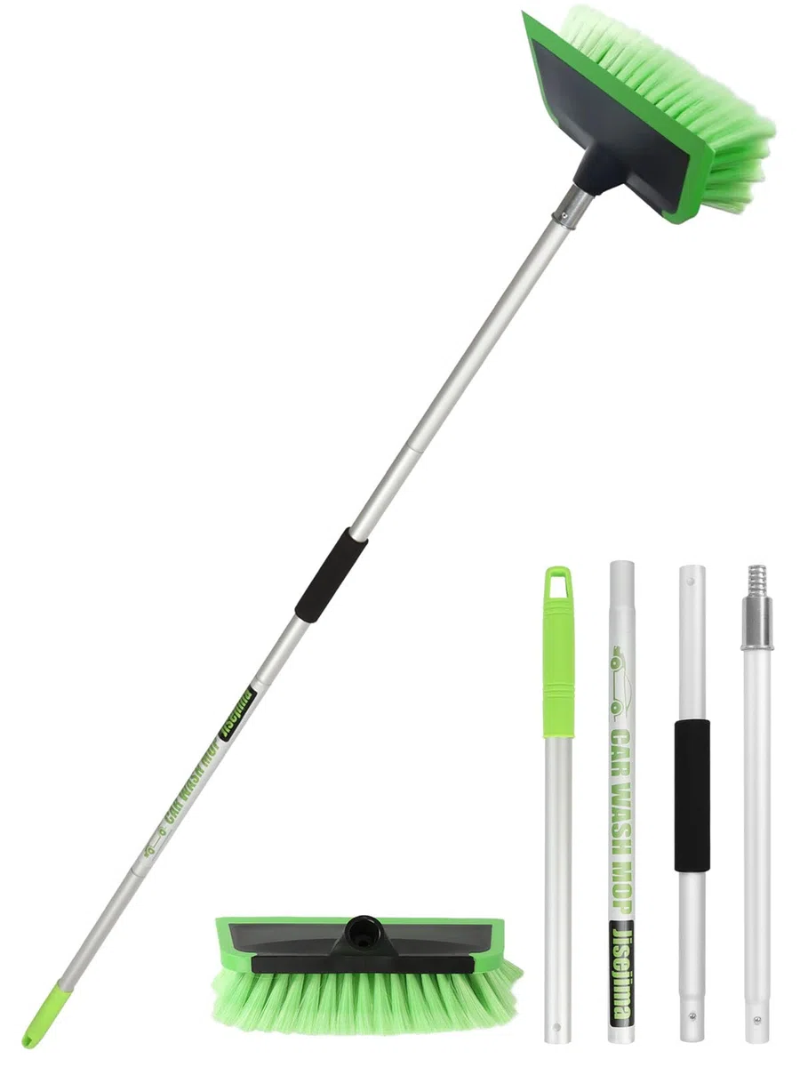 Cepillo Lavado Coche de 2 En 1 con Escobilla Goma PBT Cepillo 60" 151 cm con Mango Largo Ajustable para Interior Exterior Camión Automóvil RV Barco Cubierta Casa Revestimiento Limpieza Barrido Nieve