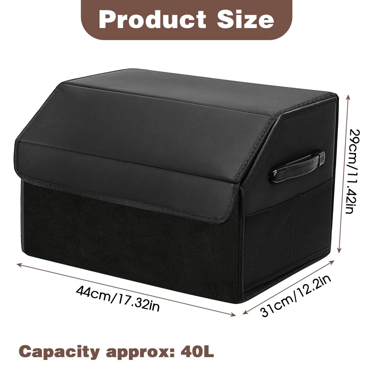 Organizador de Coche para Almacenamiento, 40L Organizador de Maletero de Coche, Caja de Almacenamiento de Cuero Plegable, Bolsa Antideslizante para Maletero para todos vehículos(Negro)