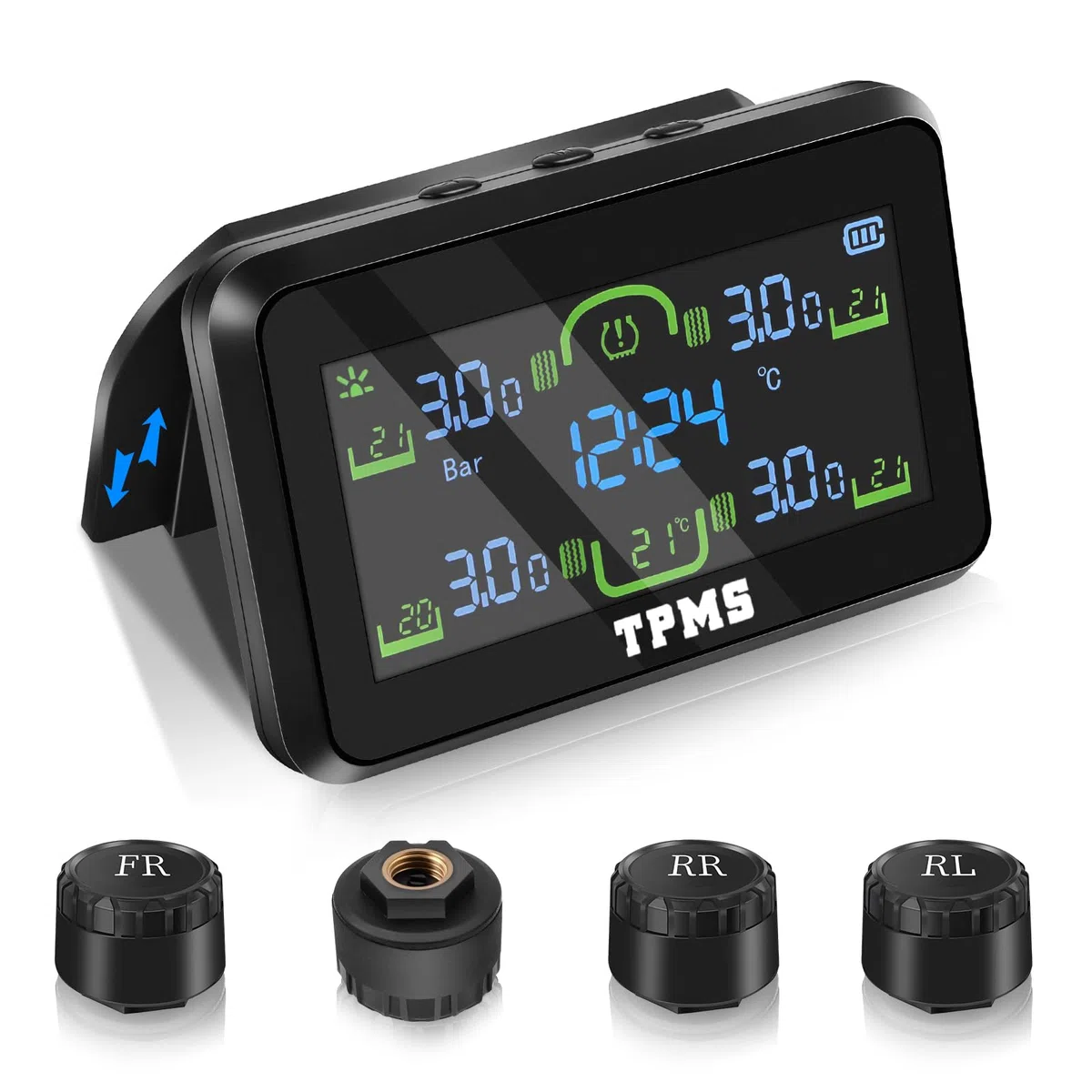 TPMS Sistema Monitoreo de Presión de Neumáticos con Soporte, Control Presion Neumaticos Coche, Carga Inalámbrica, Alerta de presión, Pantalla de Temperatura del Neumático 5Bar/99PSI