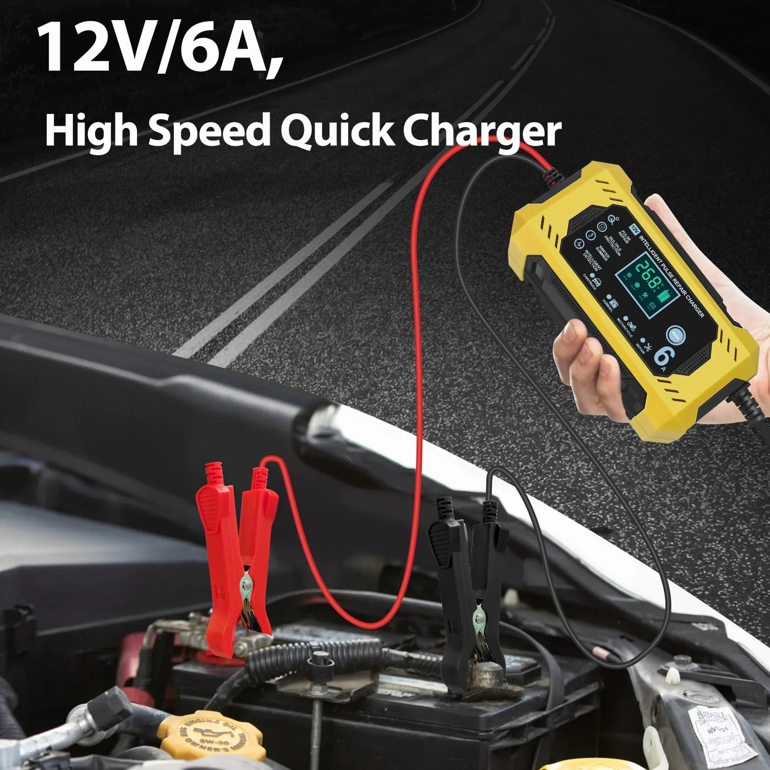 Cargador Baterias Coches Moto 12V 6A Inteligente Completamente Automático con Pantalla Táctil LCD,Automática de Detección Reparación Mantenimiento y Múltiples Protecciones para Plomo-ácido/AGM/Gel
