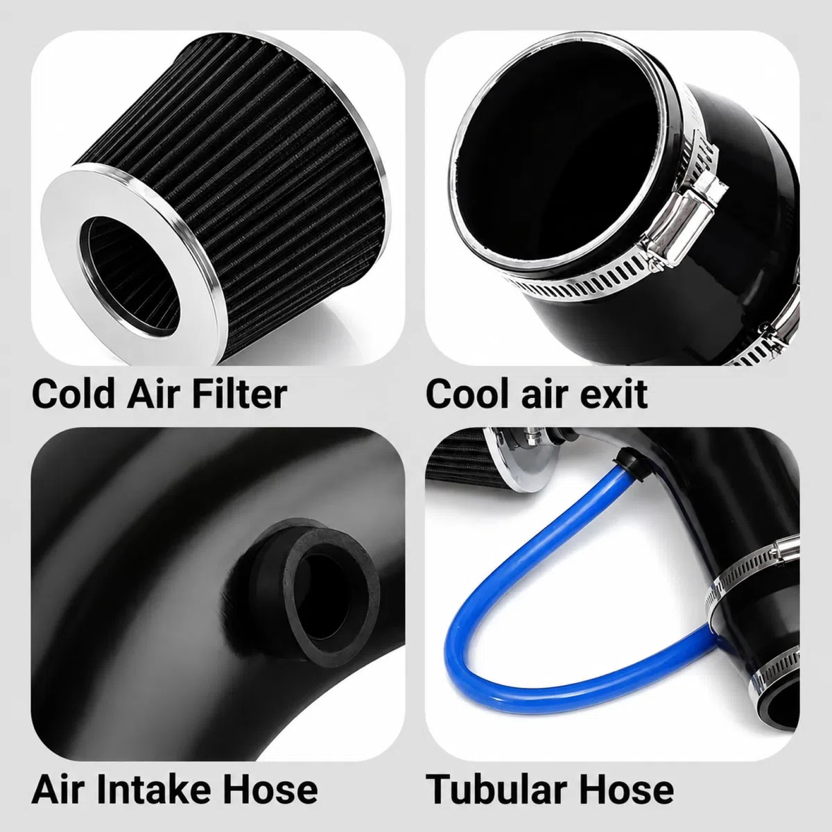 Kit de admisión de aire frío con filtro (Negrol), Filtro Directo de Admisión, Tubo de Diámetro 76mm Sistema de Admisión de Aire de Fibra con Tubo