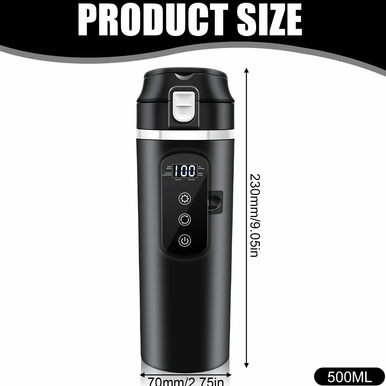 Hervidor de agua para coche, vaso calefactor de 500 ml, hervidor de agua de viaje, 12 V, mini café eléctrico de hasta 100 ℃, control de temperatura variable para camiones y camping