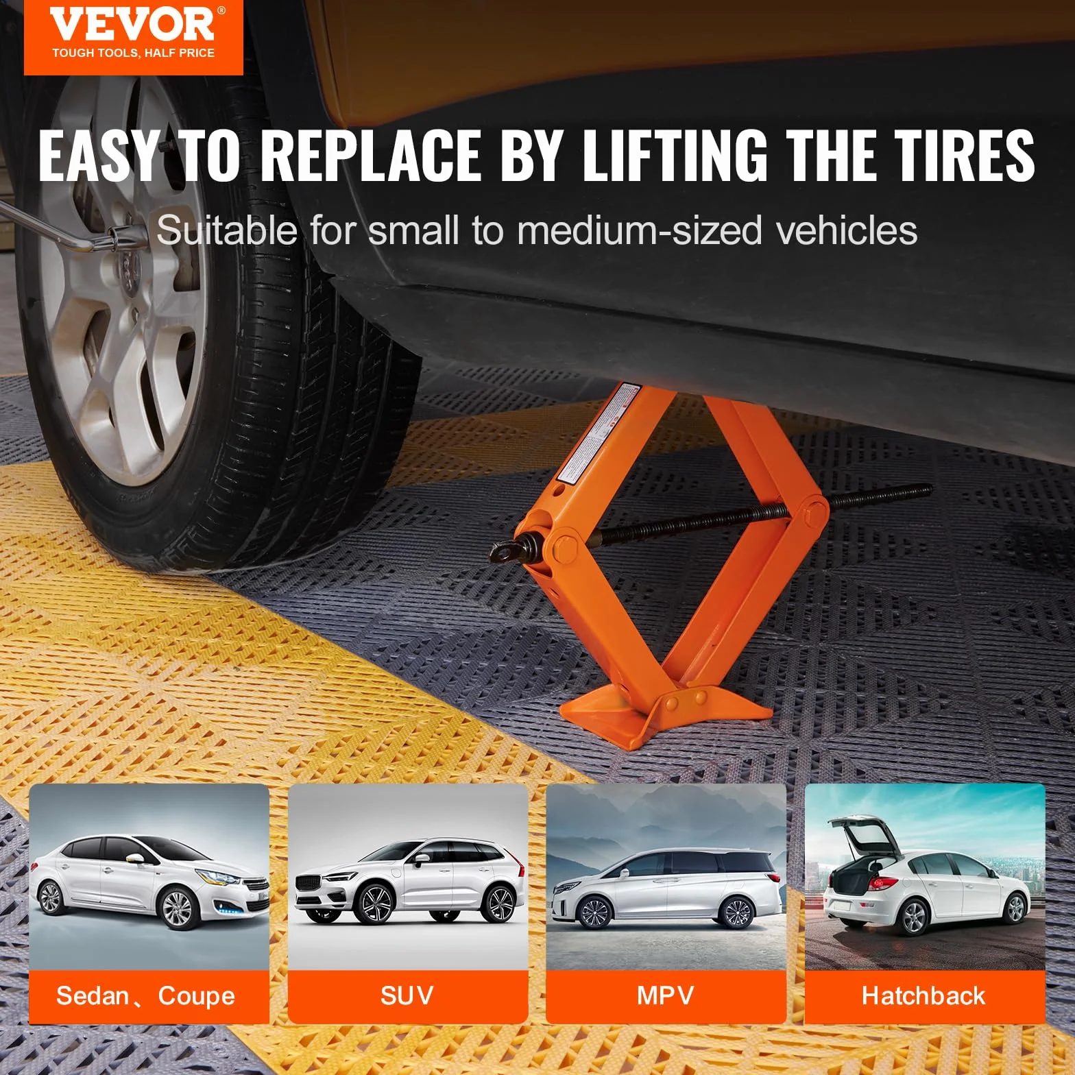 VEVOR Gato de Tijera Carga de 2,5 T Gato de Tijera Profesional de Acero con Rango de Elevación de 95-435 mm Llave para Cambiar Neumáticos y Bolsa de Transporte para Cambio de Neumáticos de Coches SUV