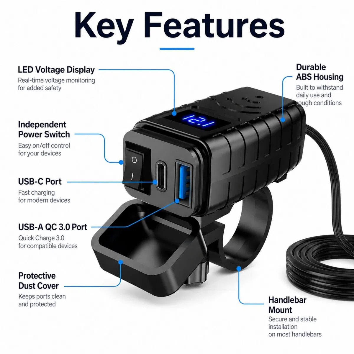 Cargador USB Moto, Toma USB C 12V 24V con PD3.0 36W y QC3.0 18W, Enchufe Impermeable con Interruptor, Voltímetro LED, Fusible 10A SAE para Motocicleta ATV Scooter Camper Barco Coche GPS RV