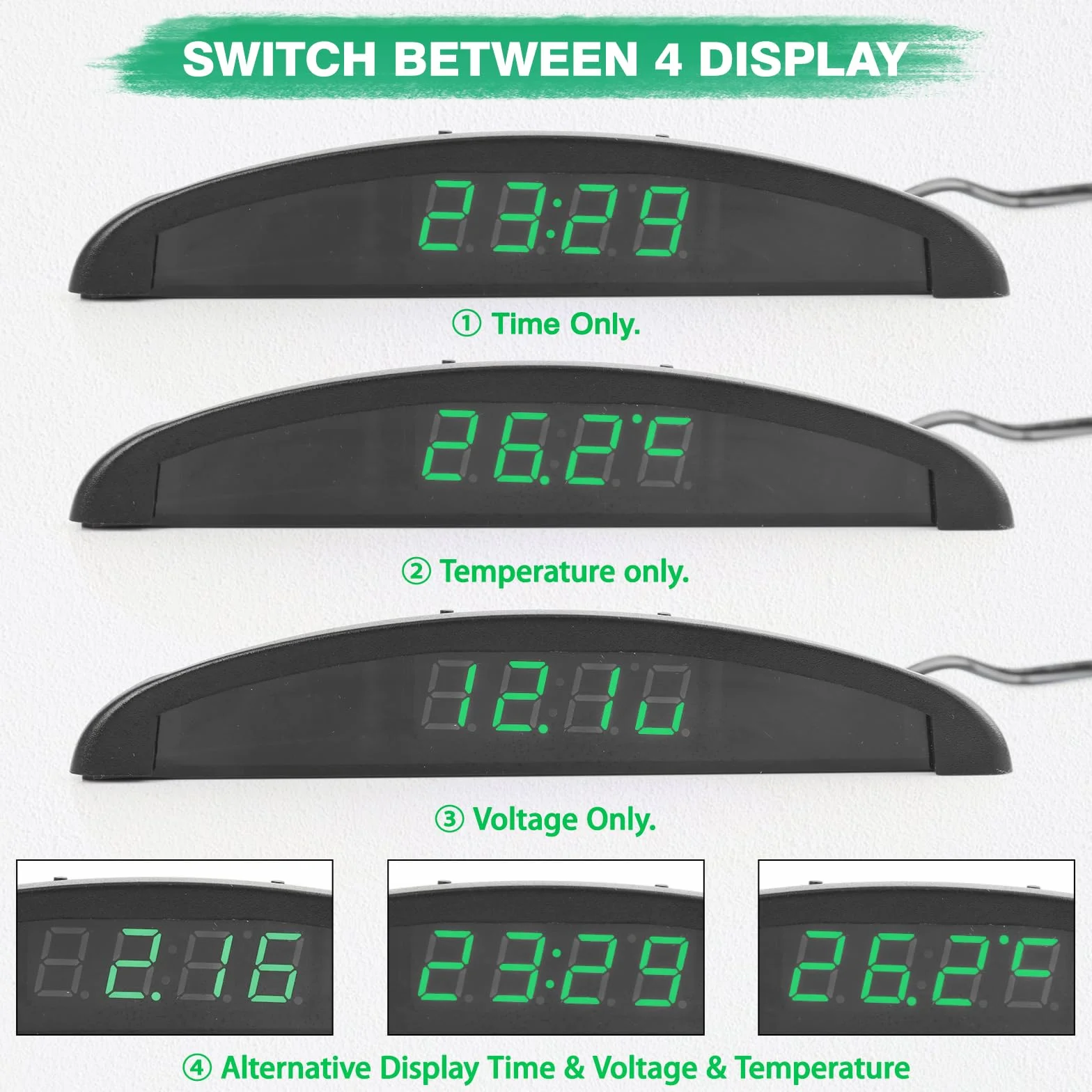 Riloer Reloj de Temperatura del Automóvil, Voltaje del Termómetro del Reloj Digital del Tablero de Instrumentos Automático Universal con Pantalla LCD para el Interior del Automóvil, Verde
