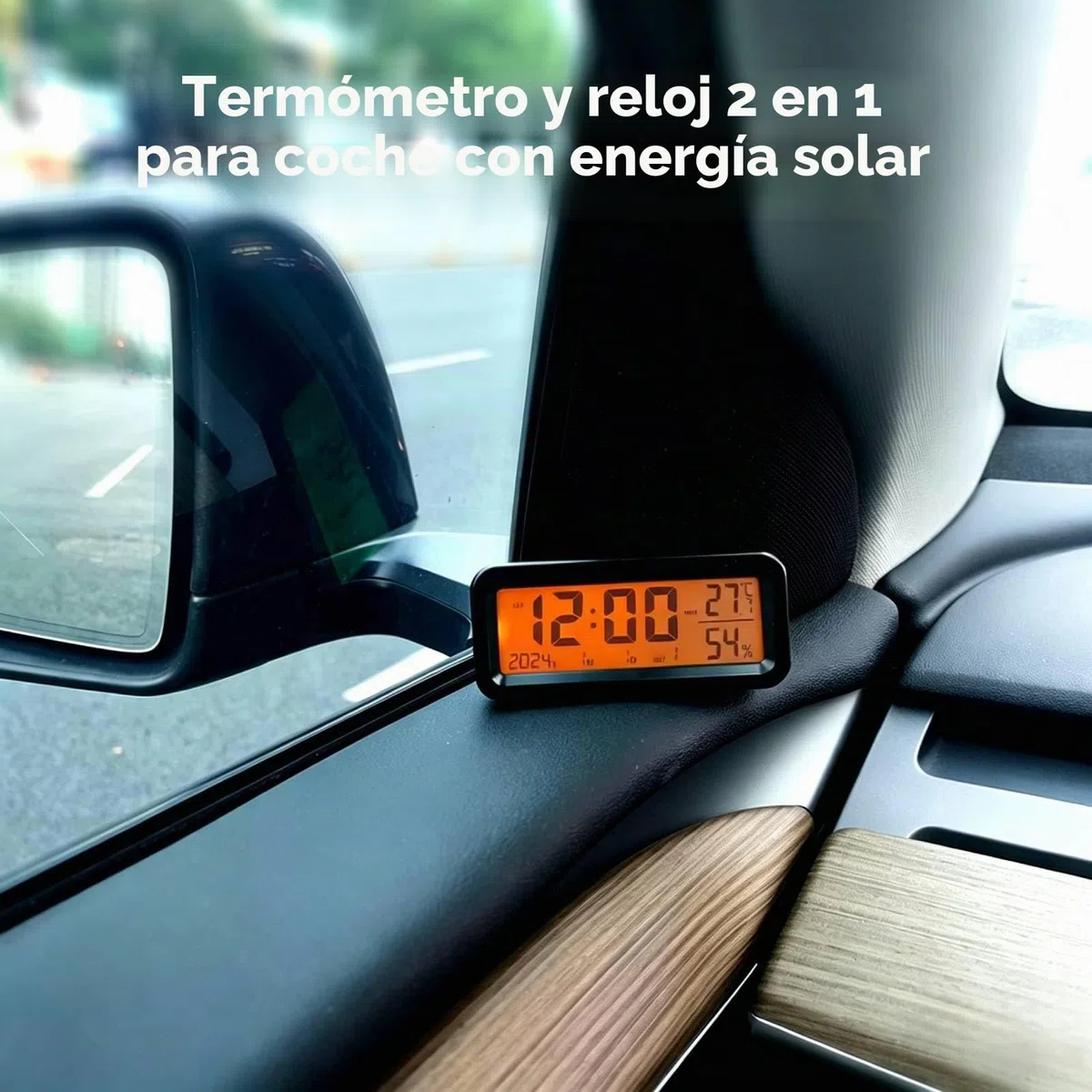 Reloj de Tablero de Automóvil, 3 en 1 Reloj Coche Solar de Automóvil Digital/Termómetro/Higrómetro, Mini Autoadhesivo Reloj Temperatura Coche Salpicadero, para Hogar y Coche
