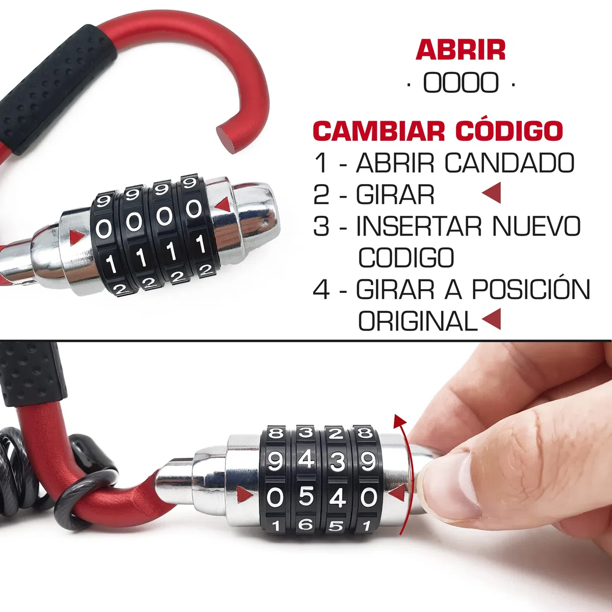 RADIKAL RK540R Candado Casco Moto, Mosqueton Multifuncion con Código 4 Digitos Más Seguro, Adaptador T, Cable Seguridad Acero Trenzado, Accesorio Antirrobo Universal para Casco Moto Bicicleta Chaqueta