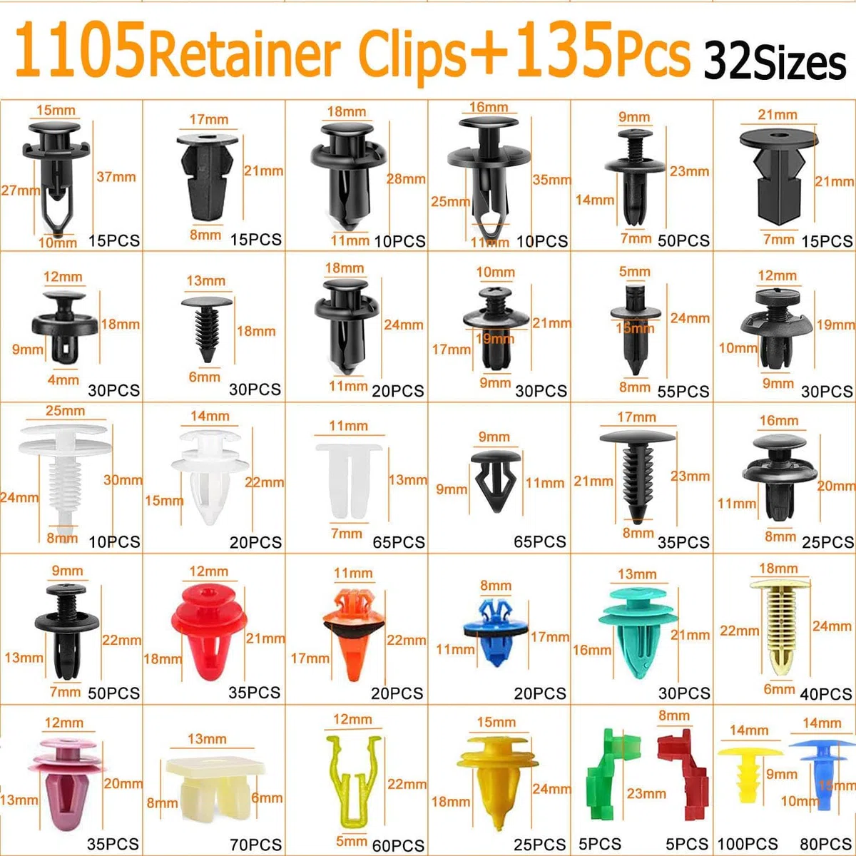 1240 Piezas Grapas Coche,Universales 32 Tamaños Remaches Plastico Coche universales clips coche carrocería,sujetador de clip para coche,para Puerta Parachoques Fender Liner Sealing Strip Clips Fijos