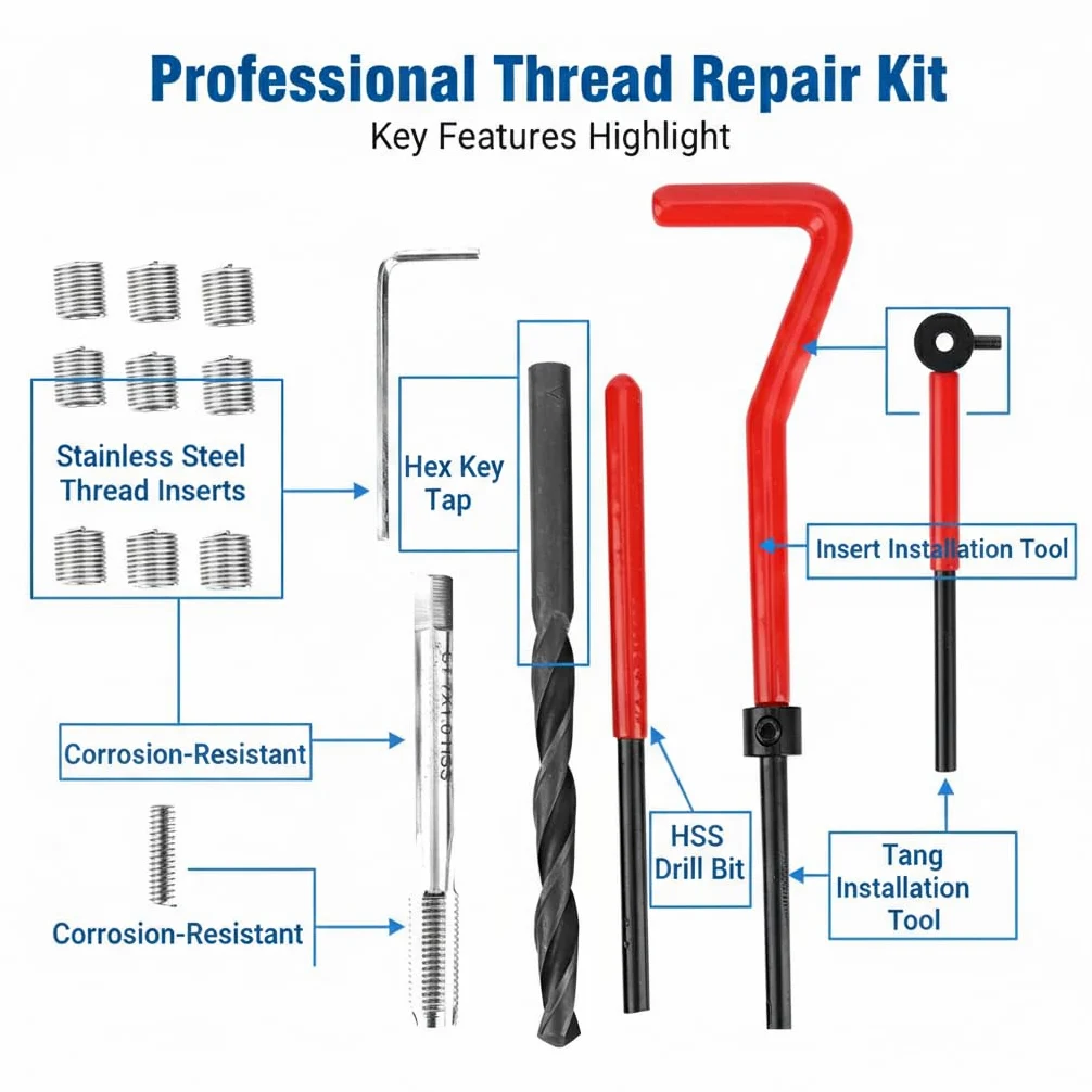 25Pcs Kit de reparación de roscas Acero inoxidable M7x1 Taladro retorcido Llave roscada Insertar herramienta de inserción de grifo