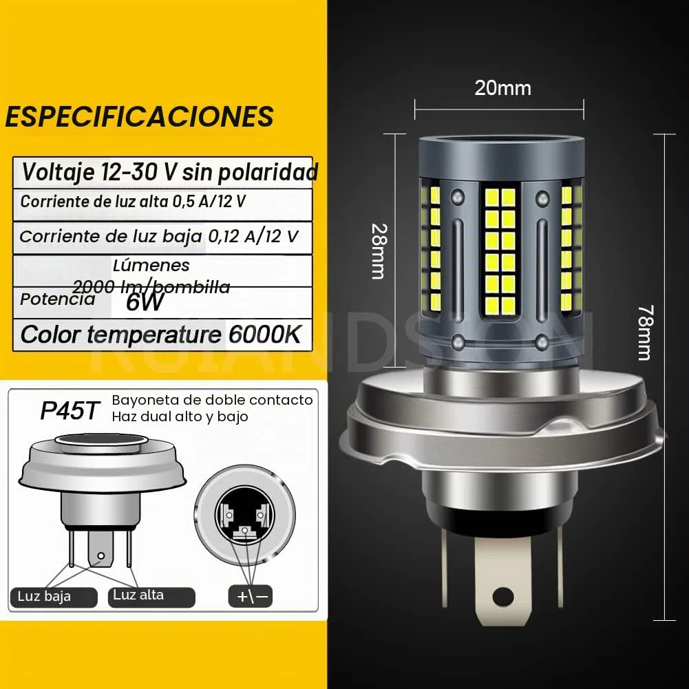 Ruiandsion R2 P45T - Bombilla de faro LED (12 – 30 V, súper luminosa, alta baja, haz LED, bombilla para coche, moto, faro delantero