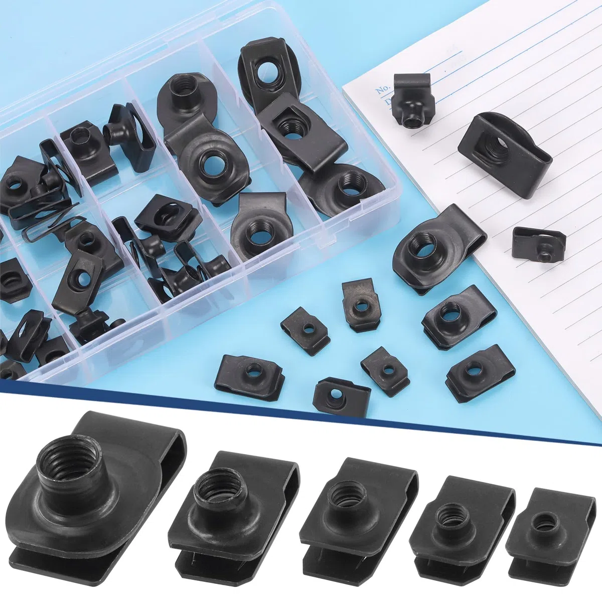 Glarks 50 piezas Kit de tuercas U-clip M4 M5 M6 M8 M10, acero al carbono negro, U-tuerca auto, para motor, guardabarros, parachoques delantero, tablero de instrumentos, panel interior