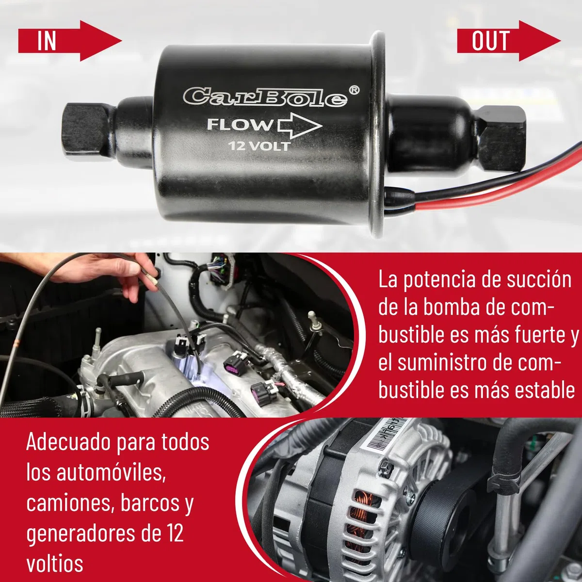 CarBole Bomba de Combustible Eléctrica 12V,5-9PSI,Bombas de Combustible,Entrada y Salida de 5/16 Pulgadas,Todos los automóviles y generadores de 12V Pompe à Carburant