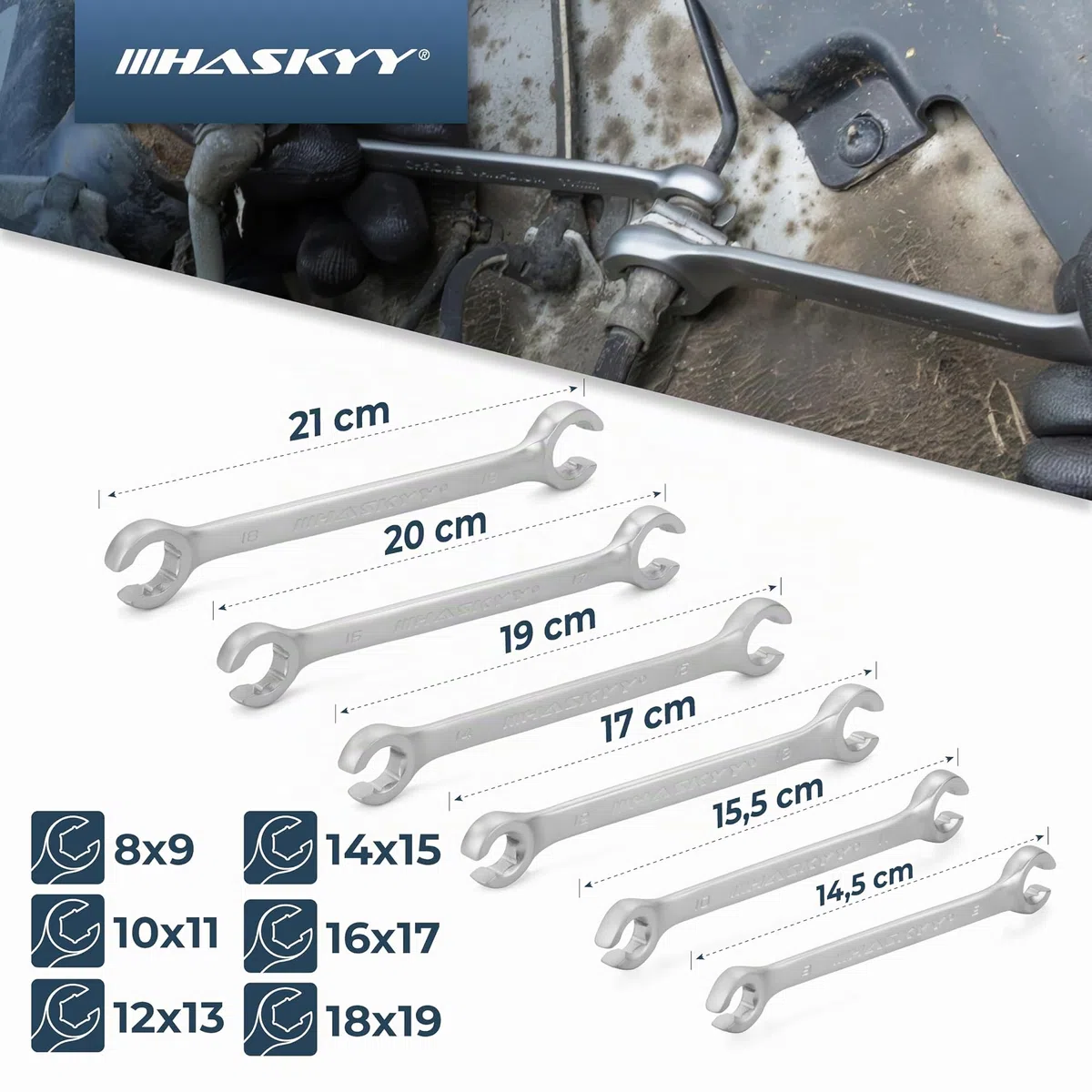 HASKYY Juego de llaves para tubos de freno I de 6 piezas I llave anular abierta I llaves para tubos de freno I tubo de frenos de 8-19 mm