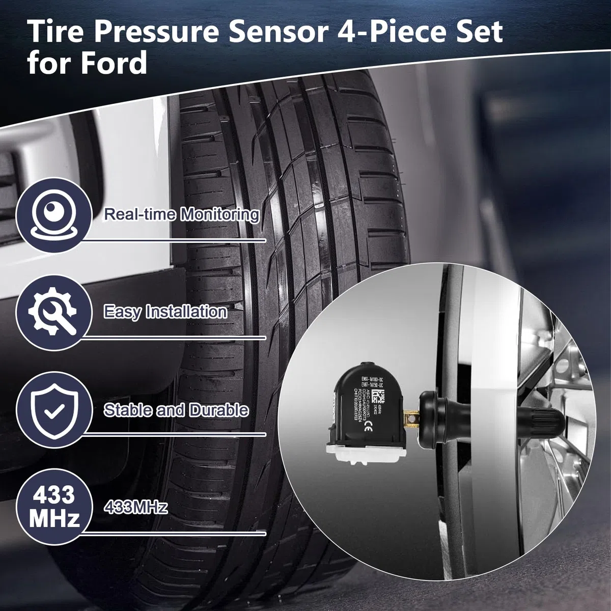 Sensor Presion Neumaticos con Ford, 433MHz Sensor Tpms para Ford, para 1862980, 2036832, 2318530, con Ford Ecosport 2013 Focus 2014 Kuga Mk2, Ford B-MAX 15 C-MAX 15 Transit