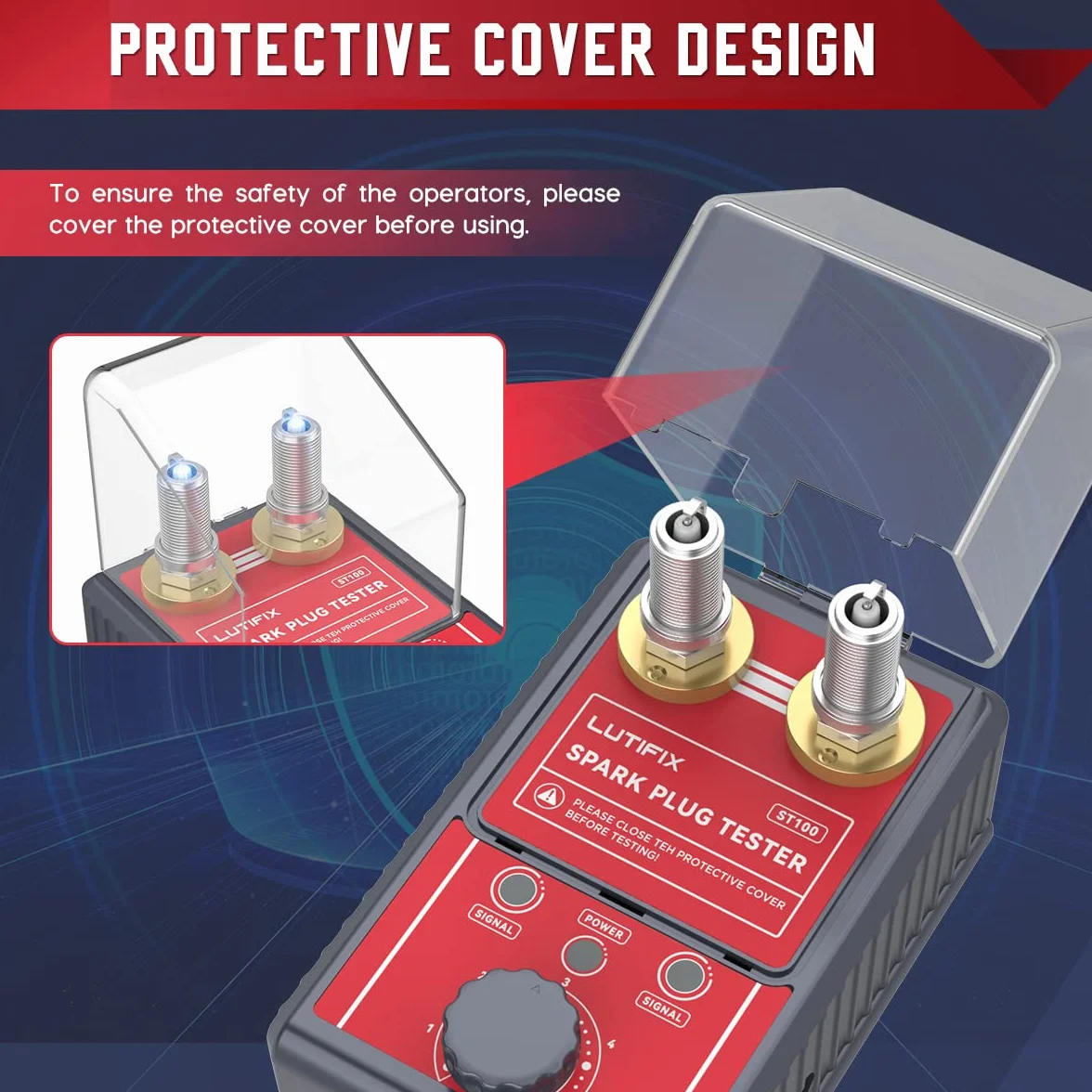 Probador de bujías, analizador de sistema de bujías de encendido de doble orificio automotriz con orificios dobles ajustables y cubierta protectora Bujía de 0 a 6000 rpm Ajustable para bujía de 12 mm