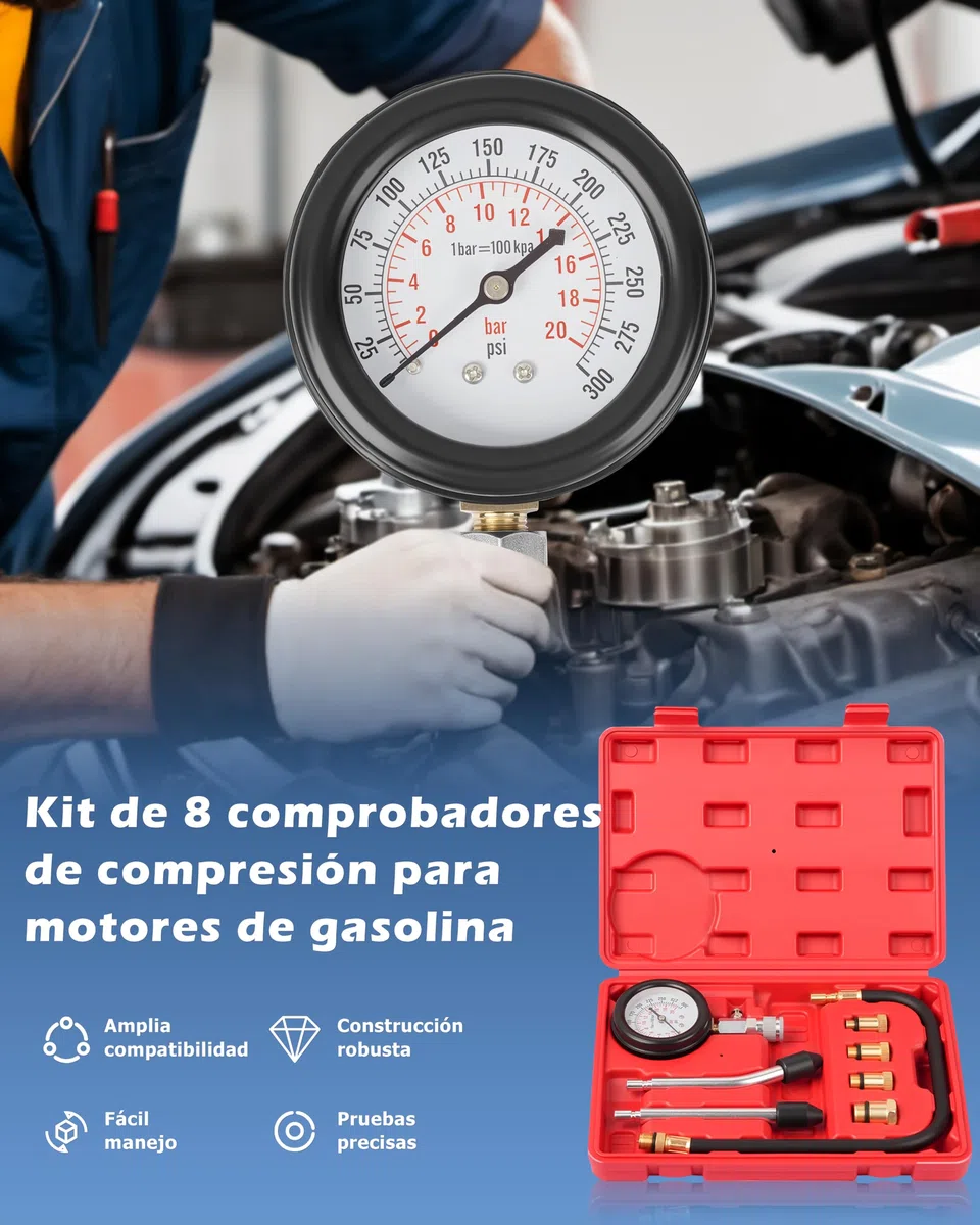 DAYUAN Juego de 8 probadores profesionales de compresión de motor de gasolina para automóviles y motocicletas
