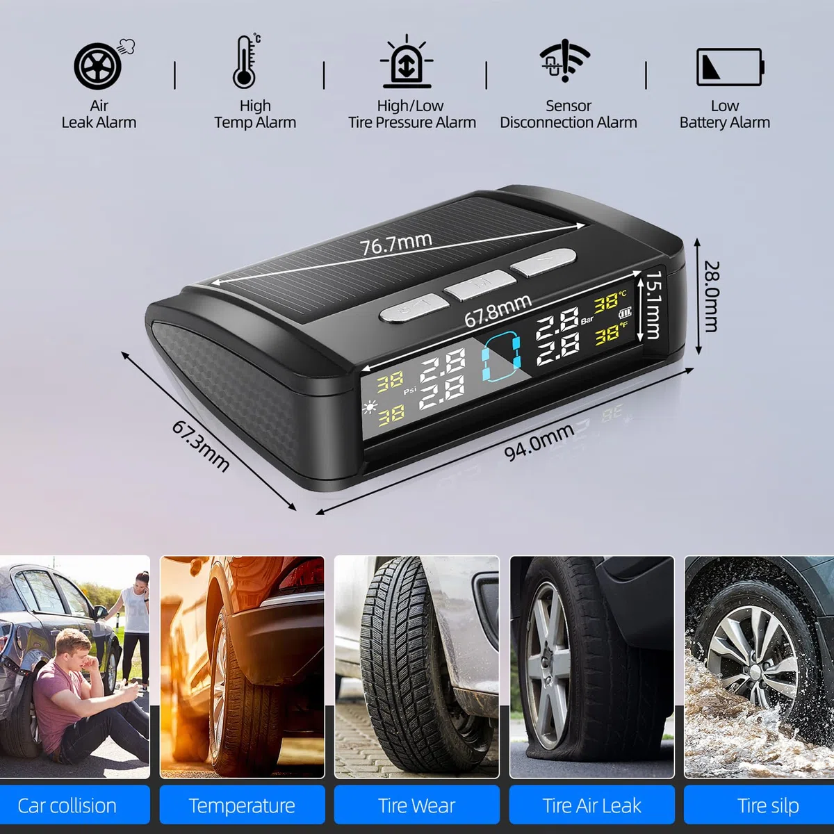 Geloo TPMS Sistema de Control de Presión de Neumáticos Solar con 4 Monitor Presion Neumaticos Impermeables IPX7, 0-5 Bar/0-87Psi 6 Funciones de Alarma para RV, Camión, Furgoneta, SUV