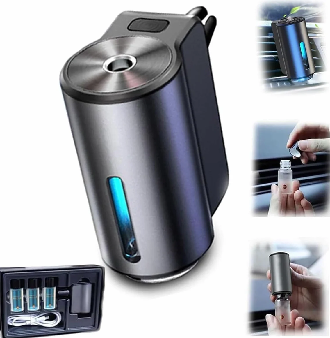 Difusor de aceite esencial recargable inteligente para coche, ambientadores inteligentes con USB, mini humidificador con tecnología de nano atomización, difusor de aromaterapia para coche con 3 luces