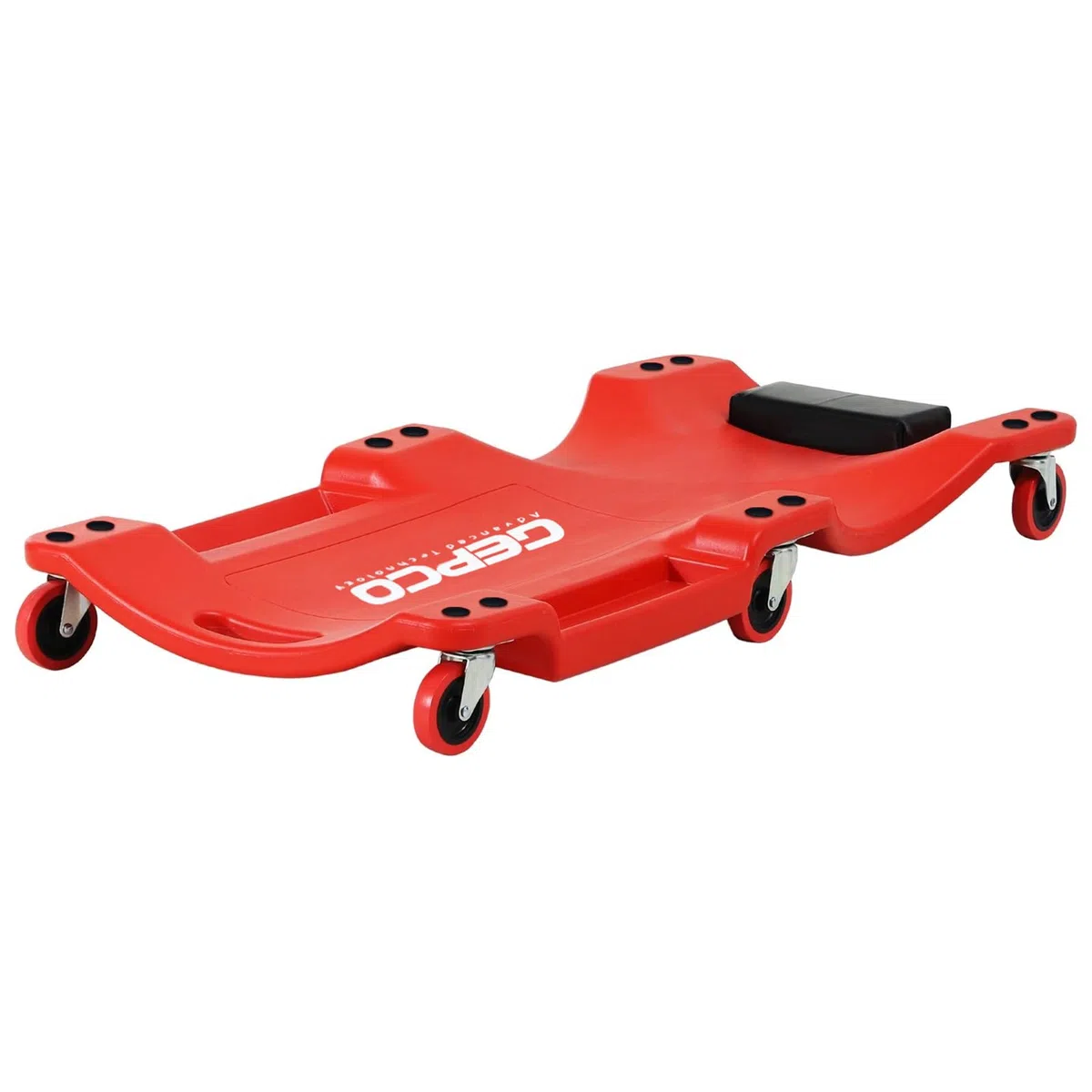 GEPCO Tumbona de taller de 100 cm, tabla de ruedas de plástico con forma ergonómica, reposacabezas acolchado y bandejas para herramientas, capacidad de carga de 150 kg, 6 ruedas giratorias, camilla de