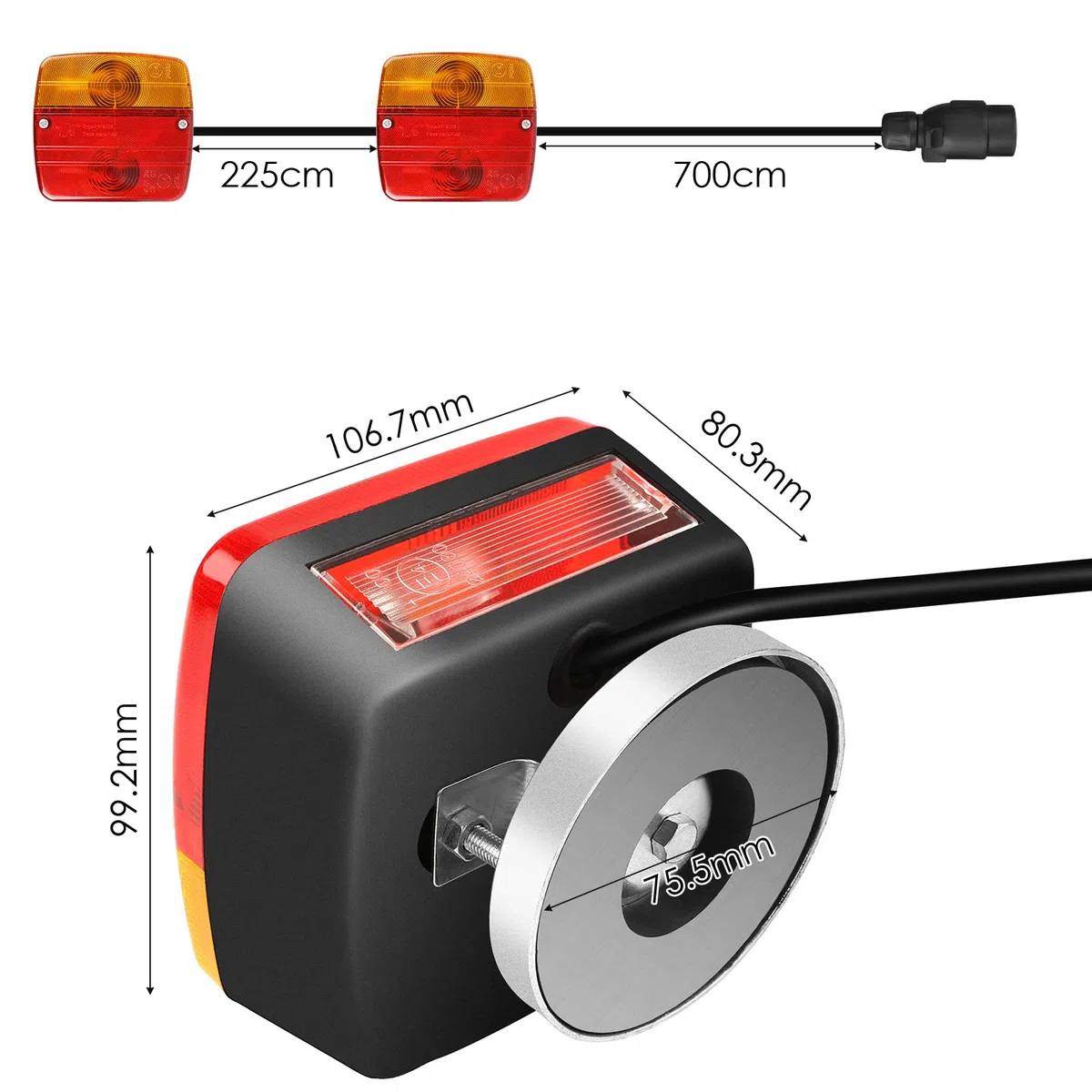 MAMIZO Luces Traseras para Remolques Magnética Instalación con 7M Cable 7 Pines 12V Marca de Prueba E para Camiones Caravanas Furgonetas Barcos Luces Traseras Iluminación