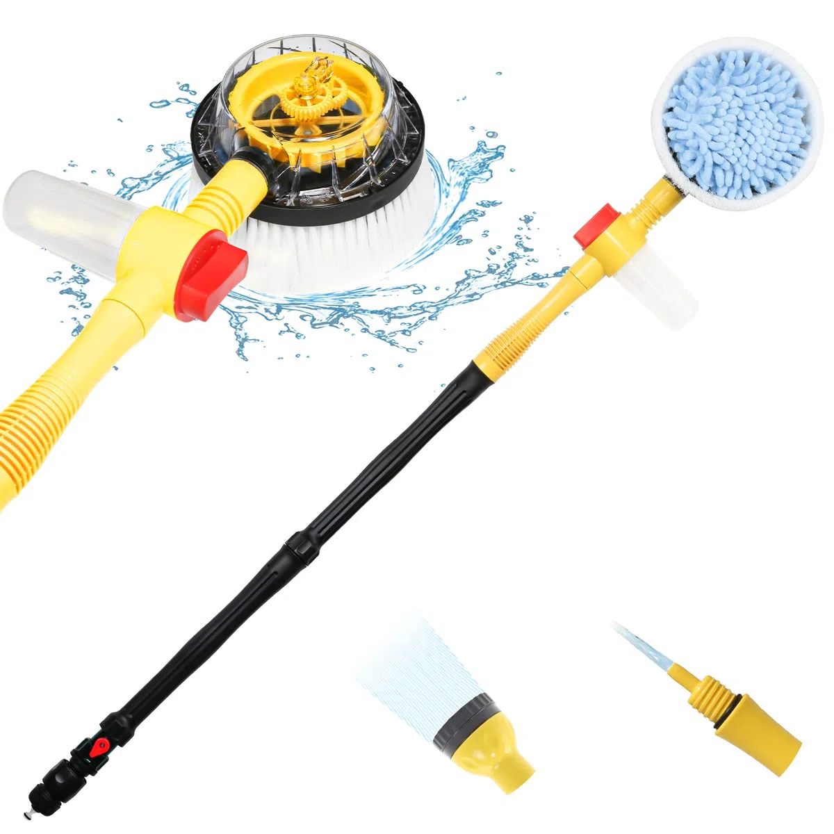 Cepillo Giratorio de Lavado de Coche con Mango Largo, Kit Cepillo de Limpieza de Coches con Espuma Automática, Pistola de Lavado a Presión y Boquilla de Manguera para Patios, Jardines, Mascotas