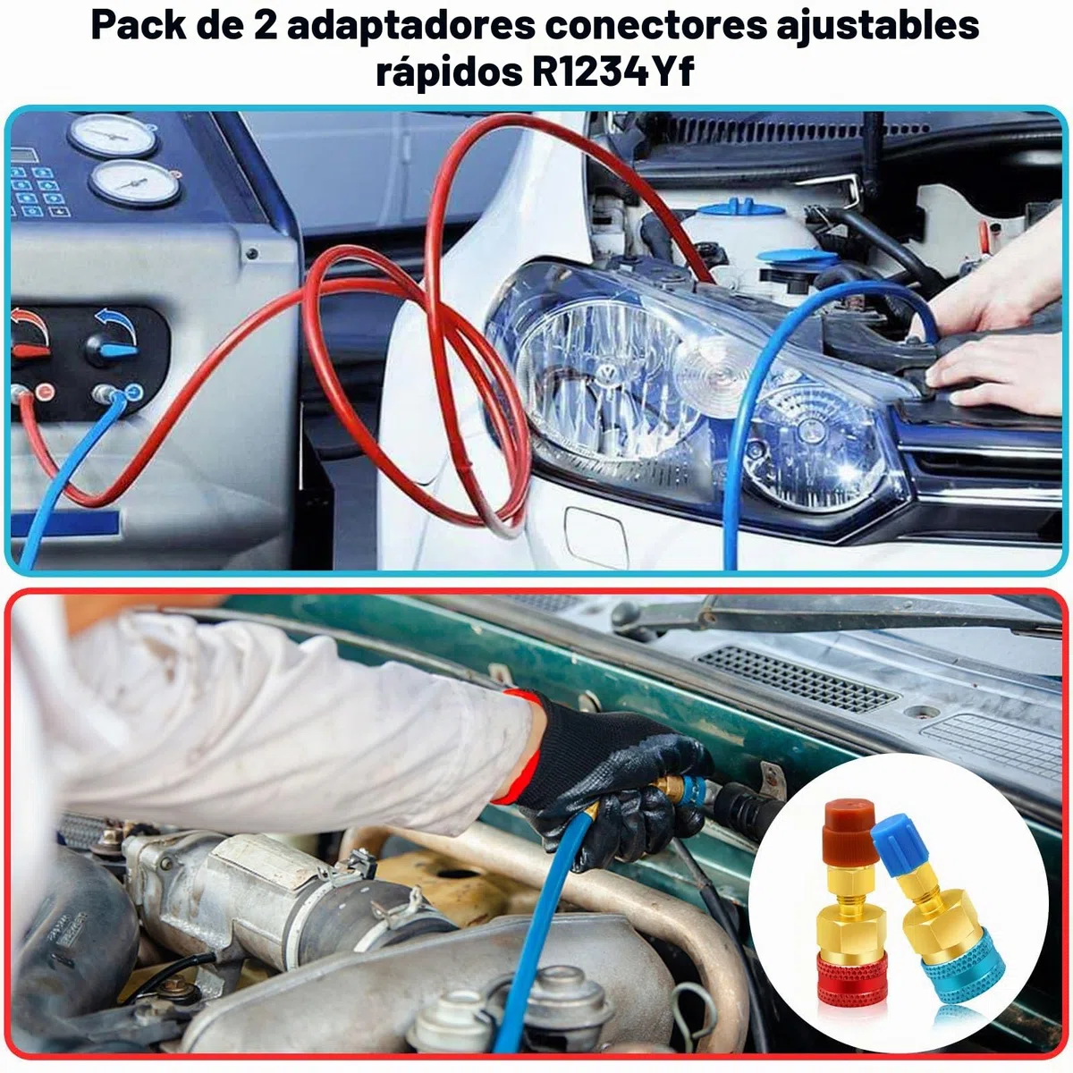 Adaptadores R1234yf a R134a, Kit de Recarga de refrigerante R1234yf a R134a,Lado Alto/bajo Adaptadores para R1234yf/R134a Recarga de evacuación del Sistema de refrigerante de CA del automóvil