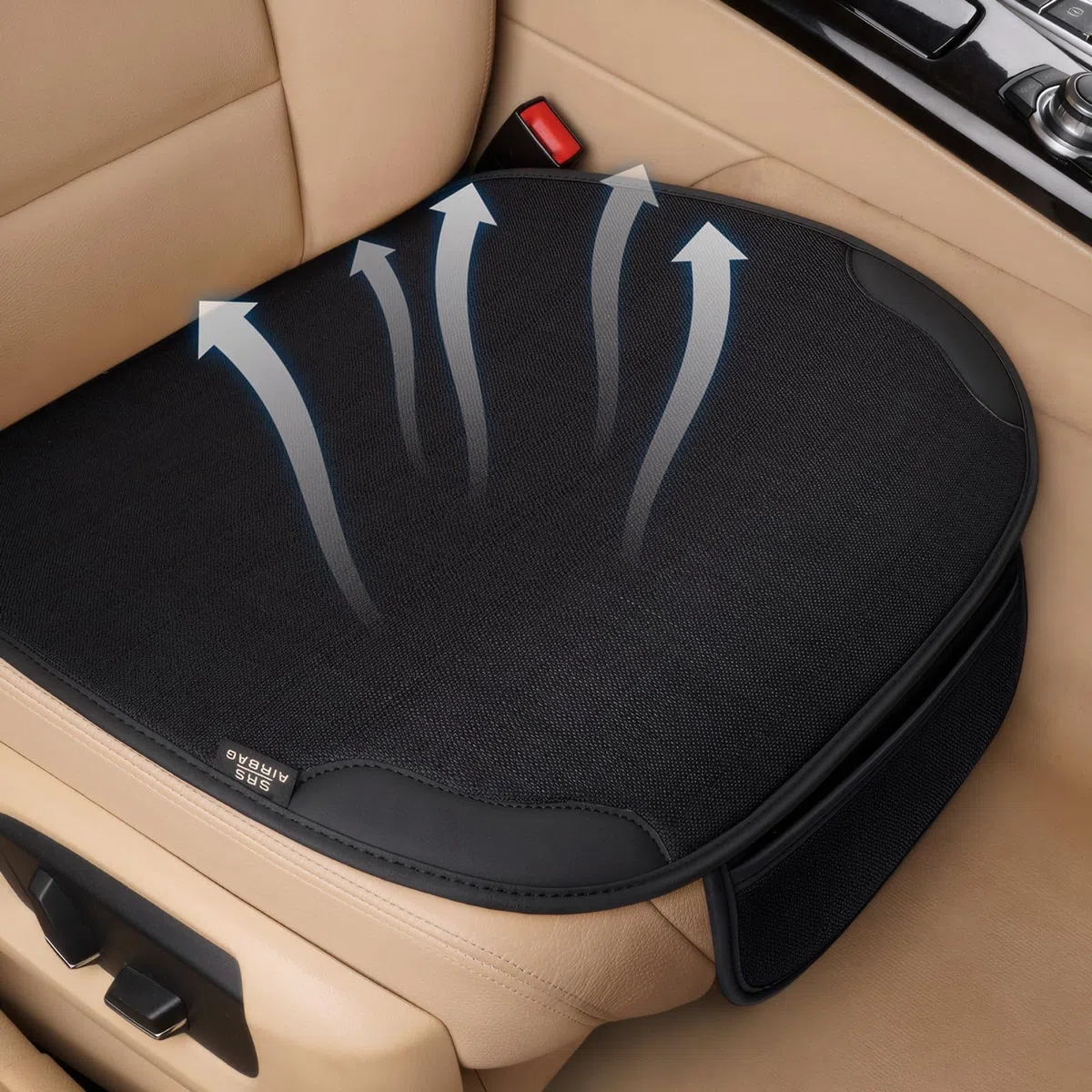 Cojín de Asiento de Coche Universal 51x50cm – Funda Antideslizante para Asiento Delantero,Transpirable y Suave,Estilo Moderno y Minimalista,Accesorios para el Interior del Automóvil (2 Piezas Negro)