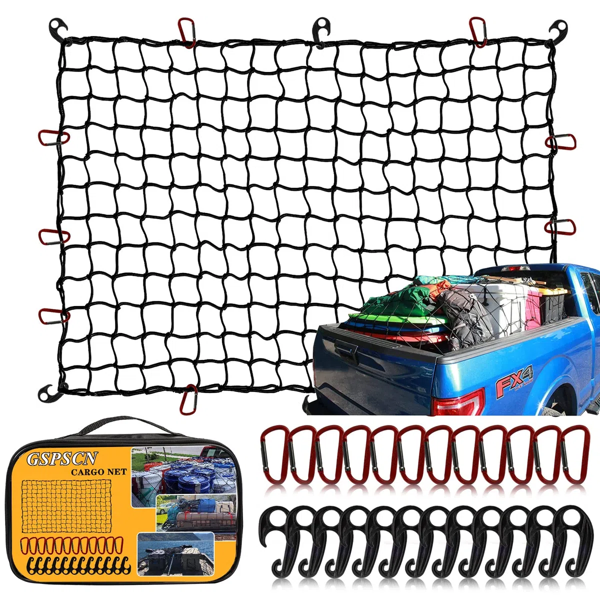 GSPSCN Red de Carga 180x120 cm Estiramiento máximo hasta 540x360 cm Red Elástica de Almacenaje con 24Pcs Mosquetones de Metal，Red Maletero de Coche Organizador Coche para el SUV RV Camión Recogida