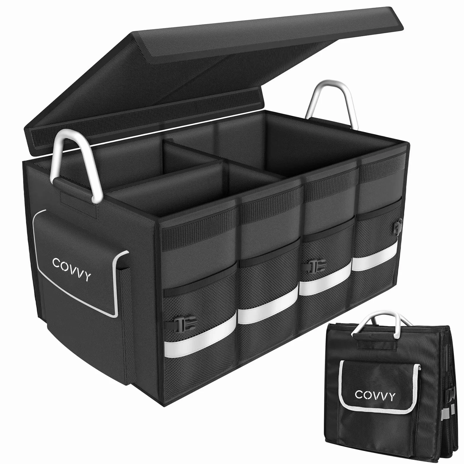 Organizador maletero coche, con bolsillo con solapa, bolsillos laterales y asa fuerte, parte inferior antideslizante, organizador de maletero de coche pequeño y SUV