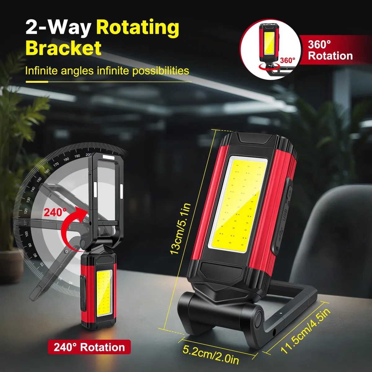Luz de Trabajo LED, Linterna Taller, Lámparas de inspección Recargable, Base Magnética, 7 Modos Trabajo, Soporte Giratorio Gancho Plegable, para Reparación de Automóviles, Taller, Camping, 2 Piezas