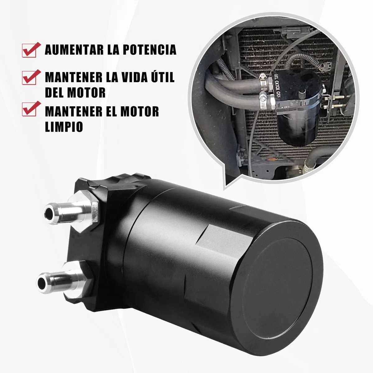 Kit de Captura de Aceite Universal, Depósito Negro de 300ml con Filtro, Manguera Trenzada y Accesorios de Instalación (024c-bk)