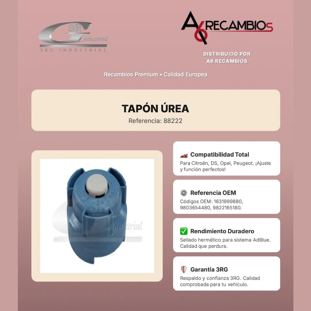 3RG INDUSTRIAL - TAPÓN ÚREA 88222 - Sistema de Reducción Catalítica - Compatible OEM 1631999880
