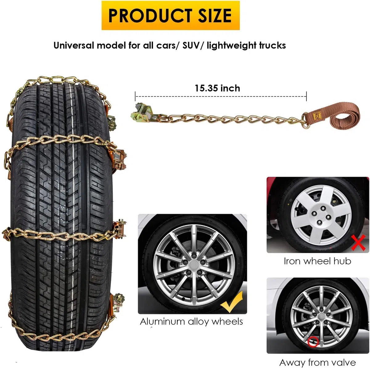Cadenas de nieve 8 piezas Cadenas ajustables antideslizantes con pala de nieve de plástico y guantes Fácil de instalar Cadena de nieve duradera para neumáticos para automóvil, SUV