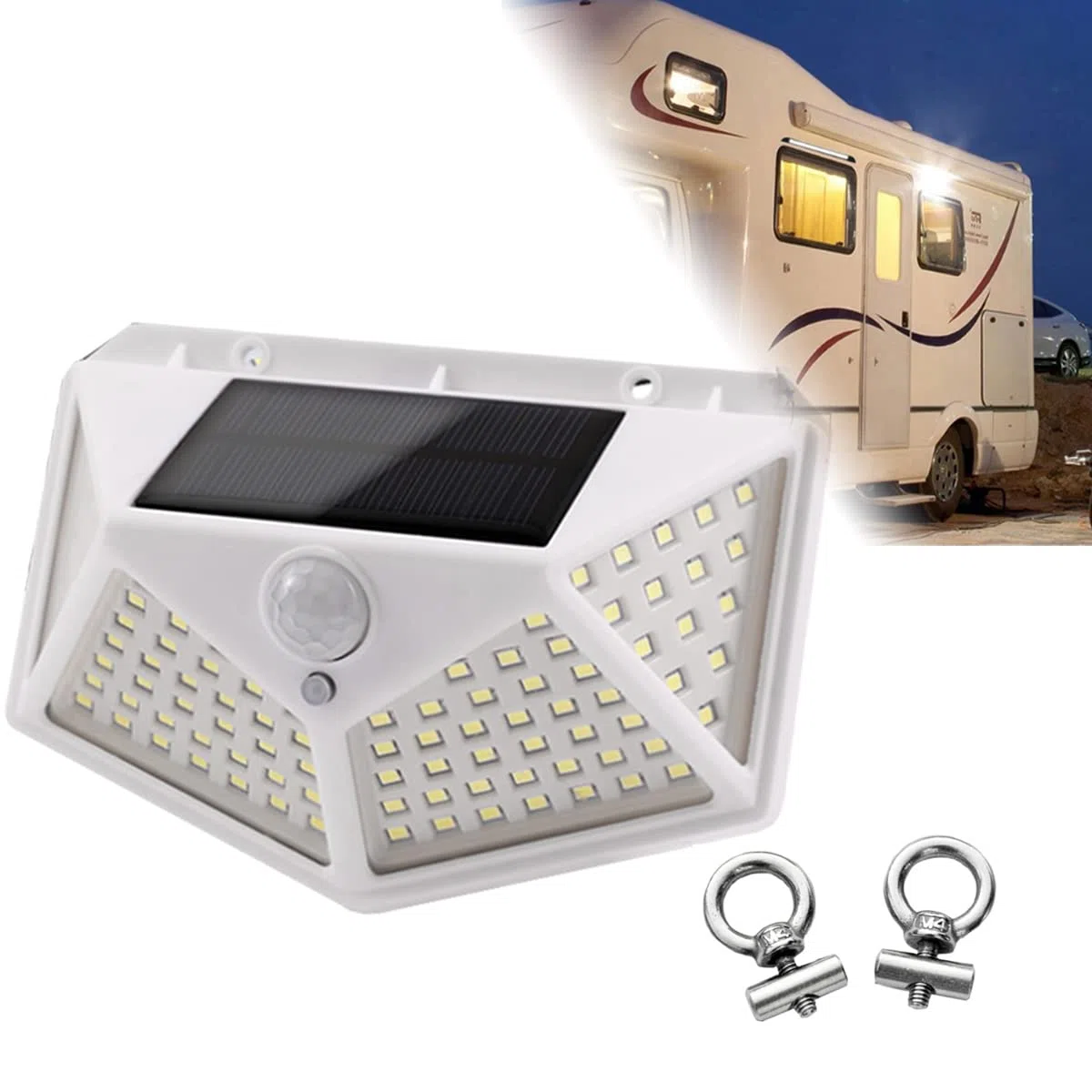 Luces LED solares para toldo de RV, 100 LED, luz Exterior para Porche de Autocaravana, luz con Sensor de Movimiento con 2 Piezas de riel de toldo Deslizante para Furgoneta, Caravana, Autocaravana