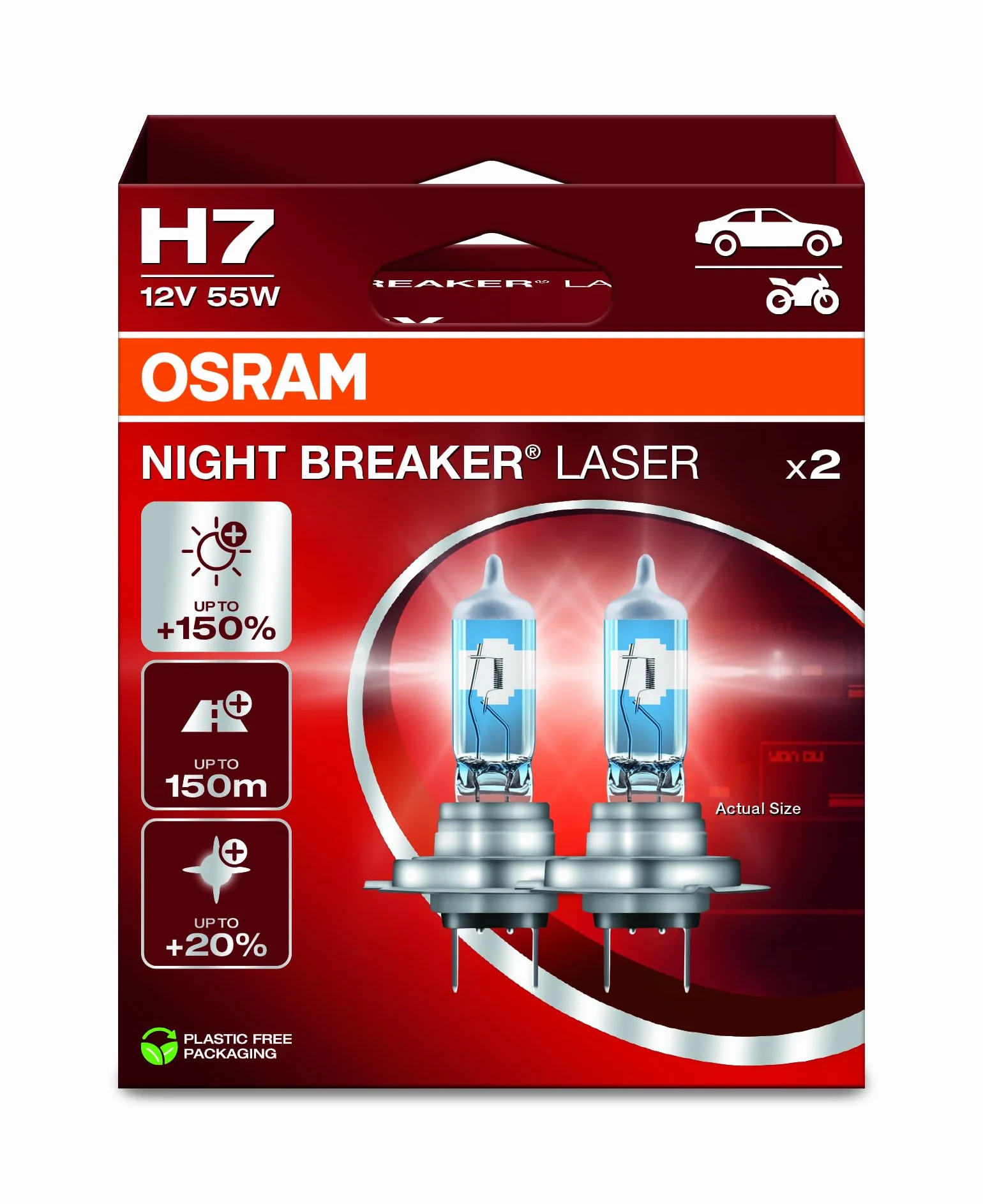 OSRAM NIGHT BREAKER LASER H7, +150% más brillo, lámpara de faro halógena, 64210NL-2HB, 12V, caja plegable colgante (2 lámparas)