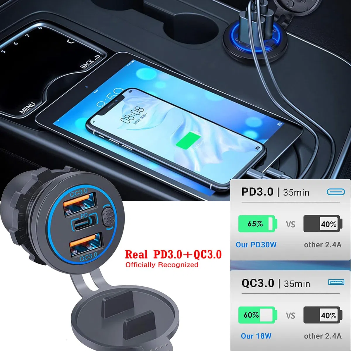 Cargador USB 12-24V, 66W, PD y QC3.0 con Interruptor y Luz Azul para Moto, Coche, Caravanas, Barcos, Camiones - Cargador Impermeable (2PD+4QC)