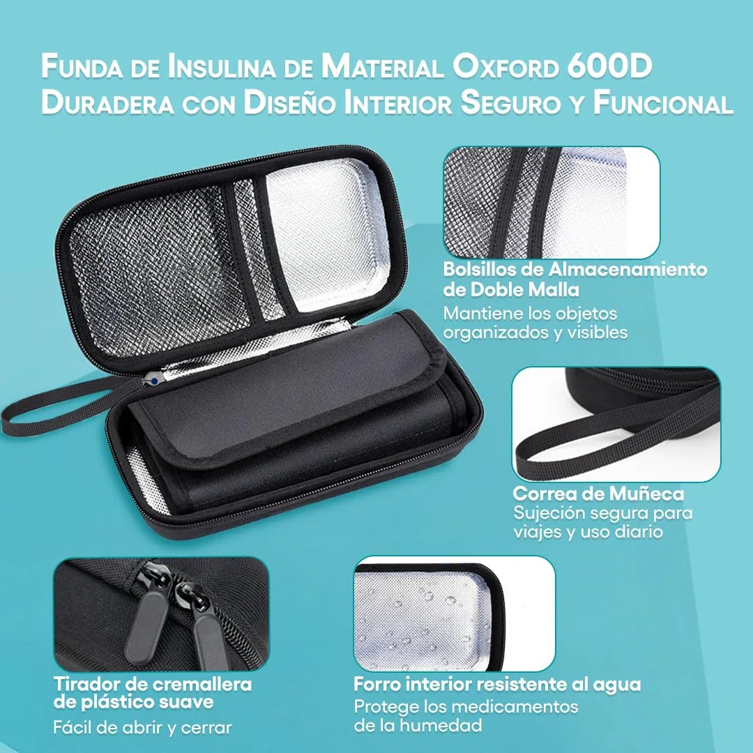 Nevera insulina viaje| estuche insulina| 3 bolsas refrigeradas de gel| nevera para insulina diabetes | Gran Capacidad de almacenamiento |cinta térmica indicador temperatura | ideal equipaje de mano.