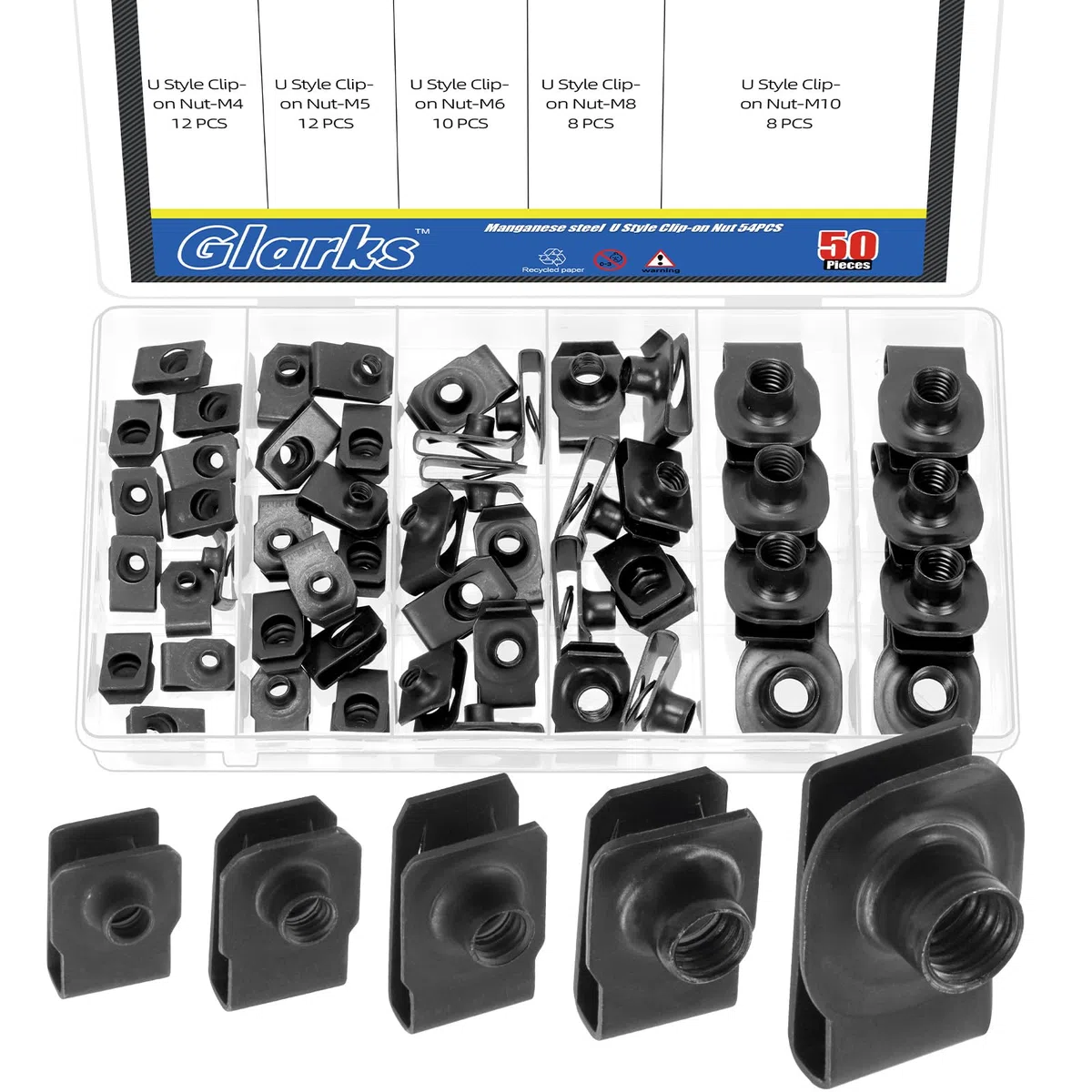 Glarks 50 piezas Kit de tuercas U-clip M4 M5 M6 M8 M10, acero al carbono negro, U-tuerca auto, para motor, guardabarros, parachoques delantero, tablero de instrumentos, panel interior